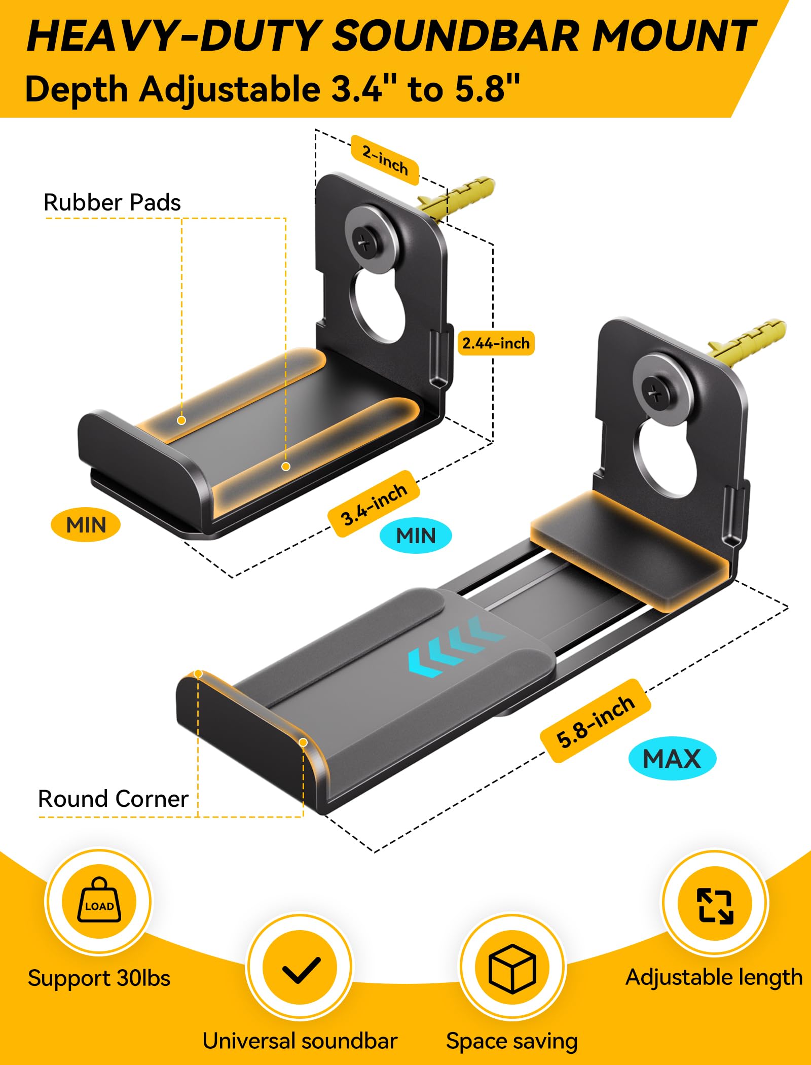 Soporte de barra de sonido, (2 juegos) soportes de pared para altavoces debajo de la TV, montaje de estante de barra de sonido resistente de 3.4 a 5.8 pulgadas para Samsung, Vizio, Lg, Sony