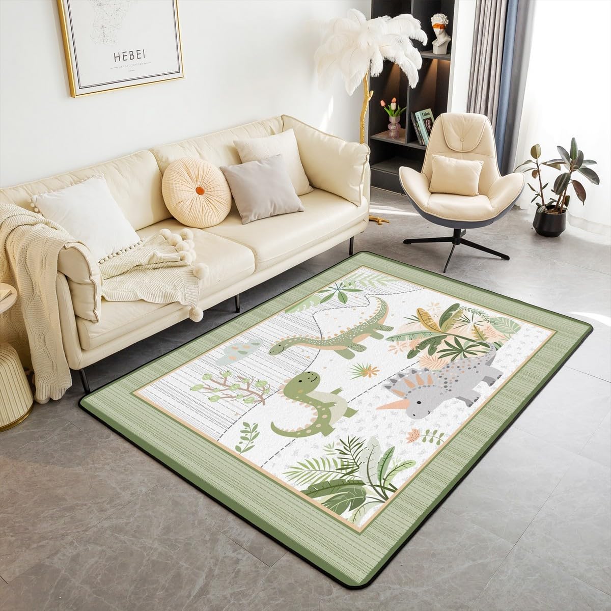 Feelyou Kids Cute Dinosaur Rugs for Living Room Bedroom Area Rug 3x5 Cartoon Dinosaur Indoor Floor Mat for Boys Girls Teens Green Grey Accent Rug Coconut Plant Decorative Rug