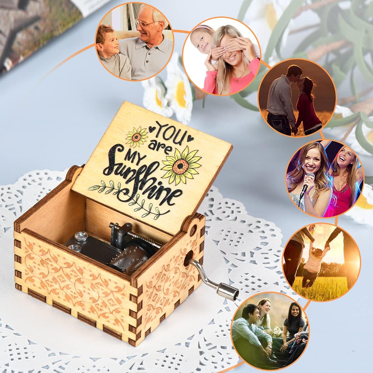 Wood Music Box, Wooden Hand Crank Musical Instrument with Melody You’re My Sunshine Gift for Birthday Wedding Anniversary Valentine’s Day