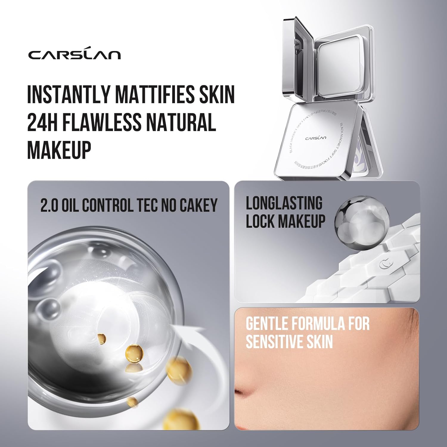 CARSLAN 2.0 Black Magnet Soft Focus Powder, Waterproof Translucent Pressed Setting Powder, 24H Longlasting Talc-Free Face Powder, Oil Control Compact Makeup,03 Blue Purple For Sensitive Skin, 0.28Oz - Image 2