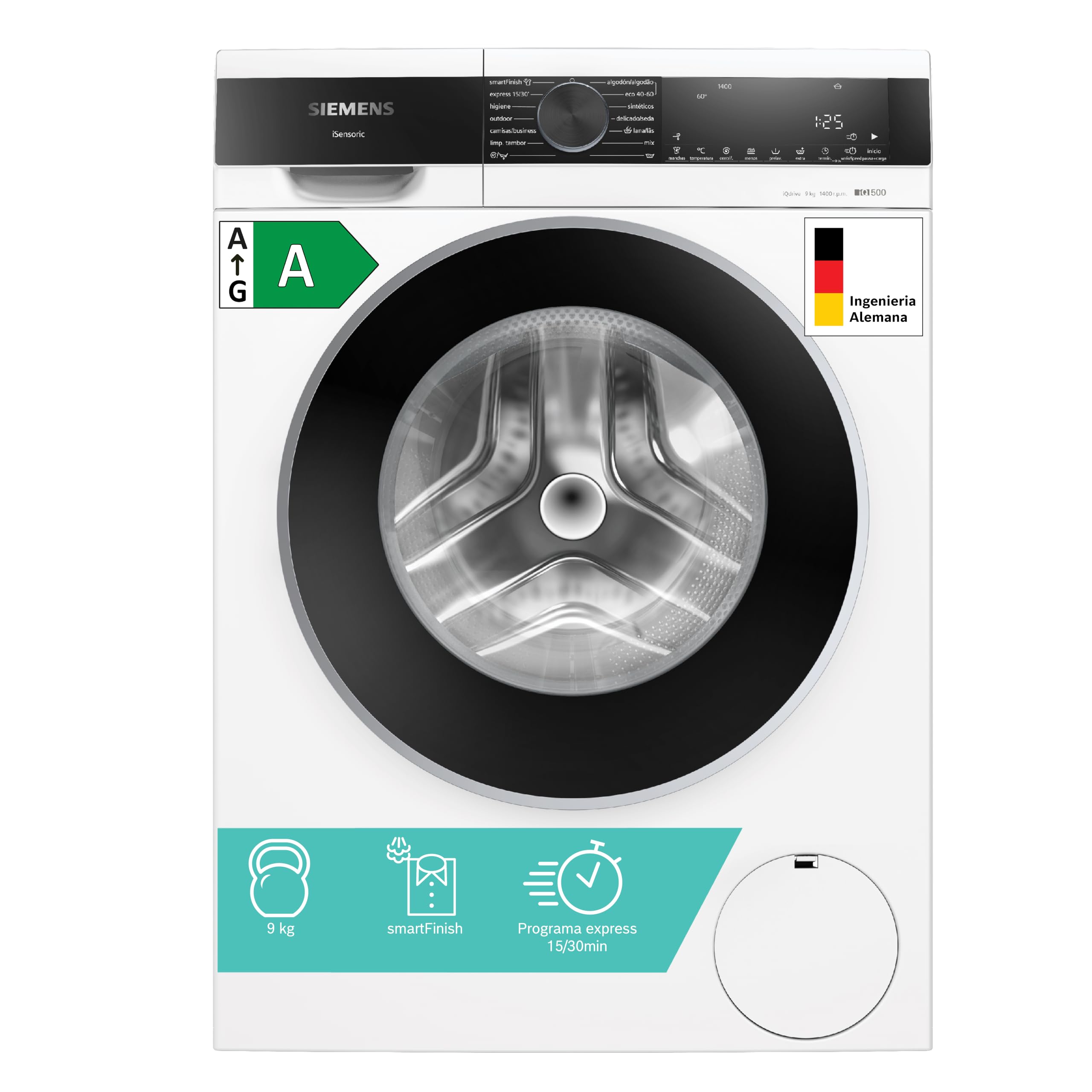 Siemens - Lavadora de carga frontal, 9 kg, 1400 r.p.m, antiManchas, Motor iQdrive, Blanco, WG44G2ZAES