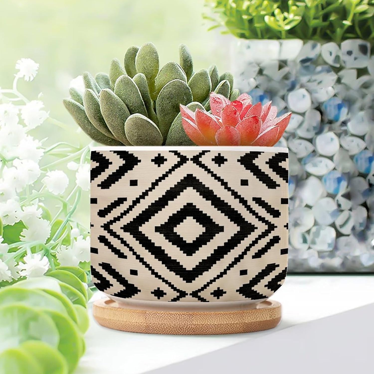 3 Piece Elegant Aztecs Print Ethnic Small Pots for Succulents Oriental Toile Chinoiserie Succulent Pot with Drainage Bamboo Trays American Native Southwestern Ceramics Planters