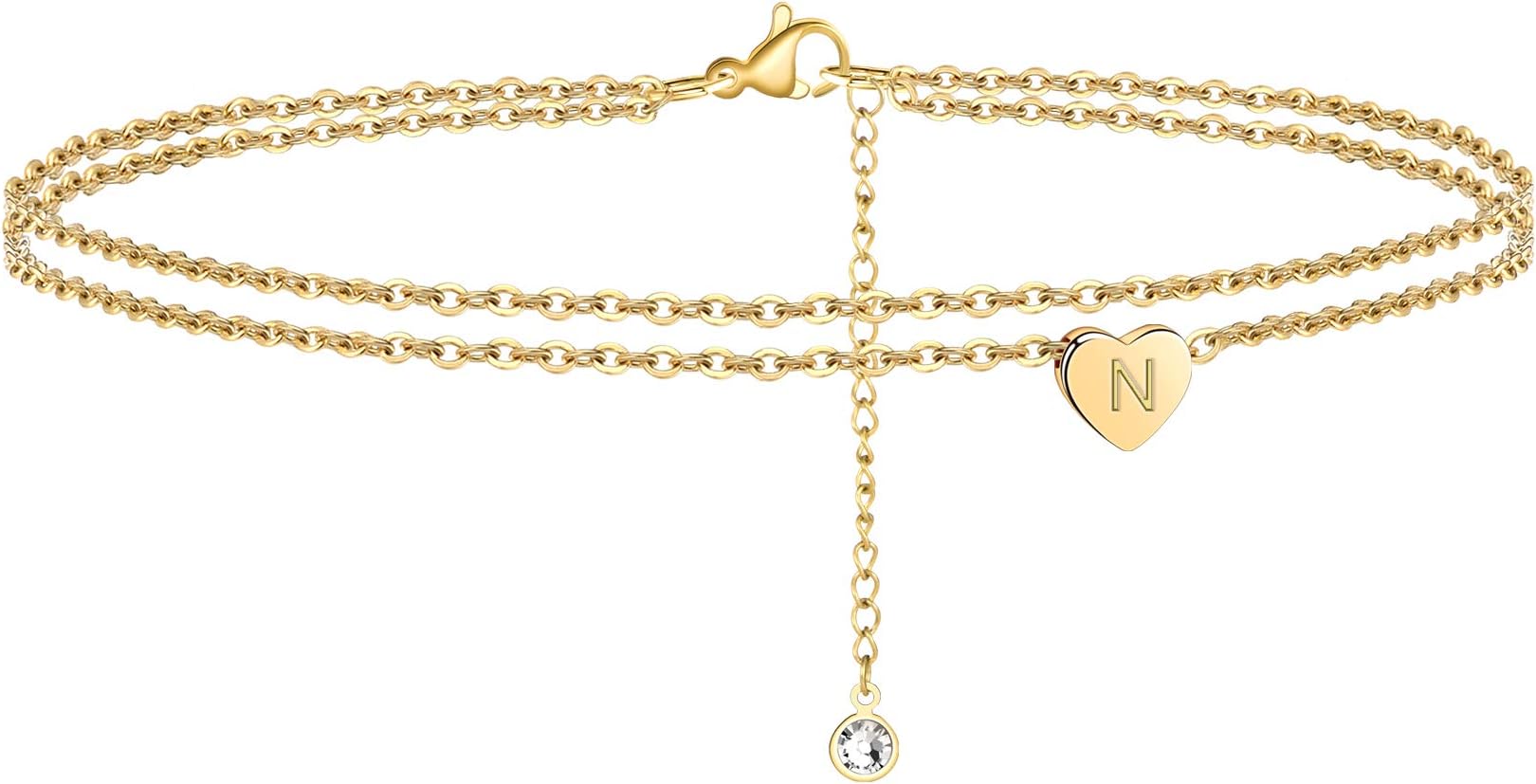 TurandossHeart Initial Ankle Bracelets for Women, 14K Gold Filled Handmade Dainty Layered Anklet Letter Initial Heart Ankle Bracelets for Women Beach Jewelry Gifts