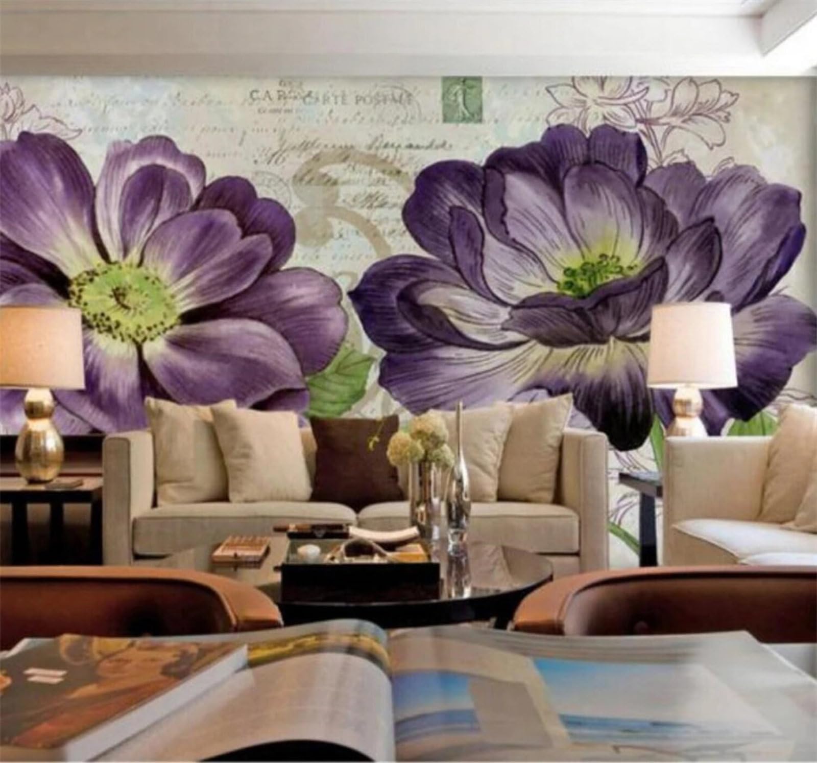 Wallpaper-3D-Xlm 350Cm×256Cm(B×H) Retro Three Dimensional Beautiful Purple Flowers 3D Wallpaper Easy Install Feature Office Living Room Sofa Bedroom Tv Background Wall Decoration-350Cm×256Cm