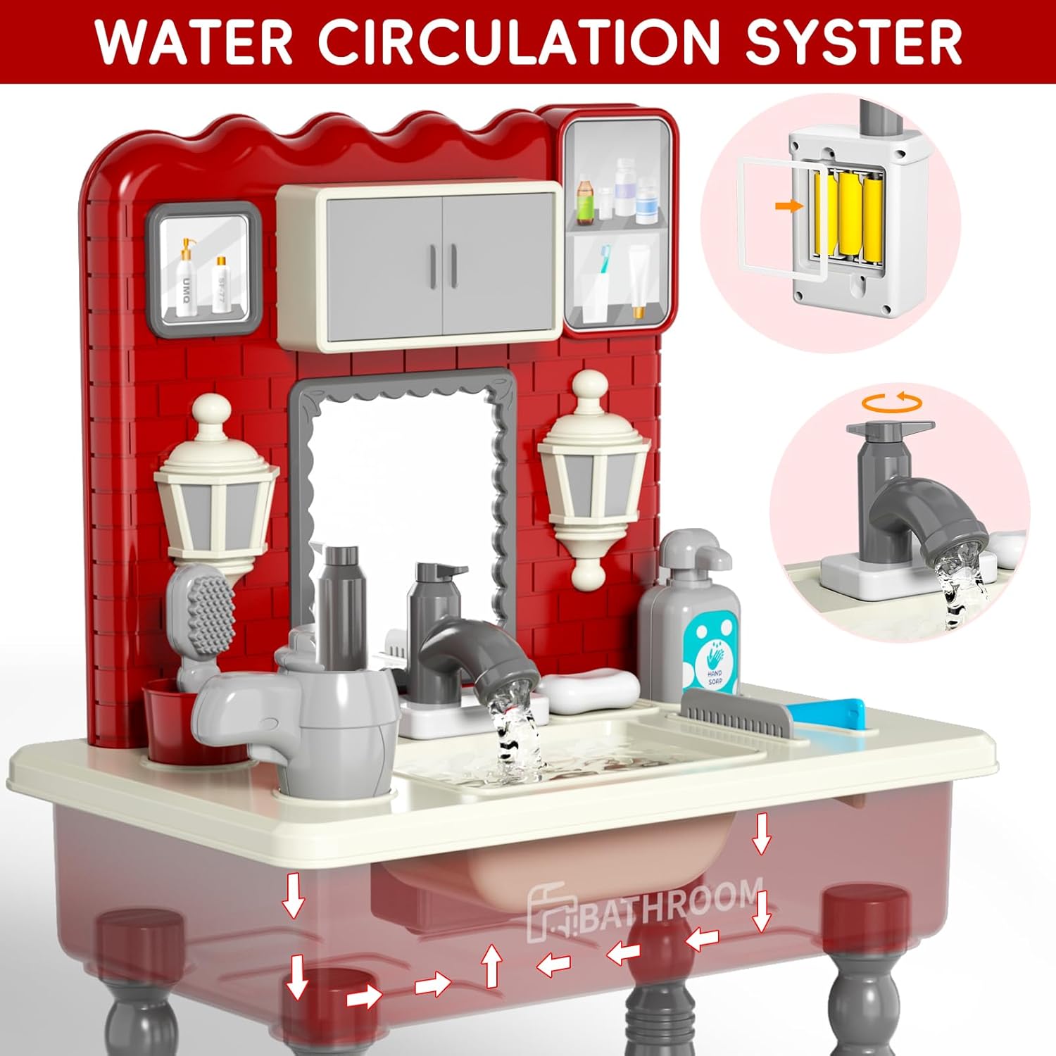 Lucky Doug Pretend Play Sink Toys for Kids, Bathroom Sink Toy with Running Water, Vanity Set with Mirror and Stool for Girls Ages 3 4 5 6 7 Year olds