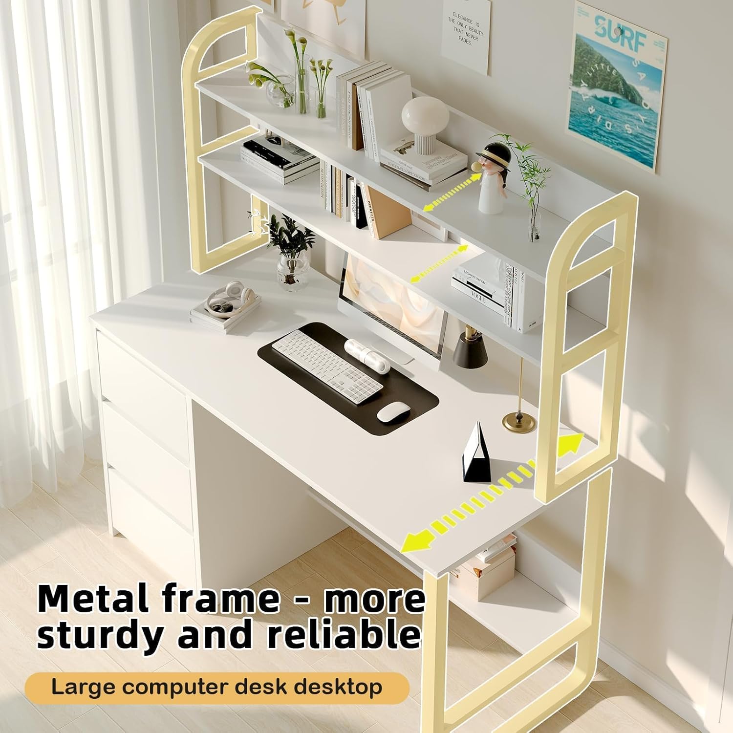 White Desk with Hutch, 60 Inch Computer Desk with 3 Drawers for Bedroom, Study Writing Desk with Shelves for Small Places, Adjustable Feet