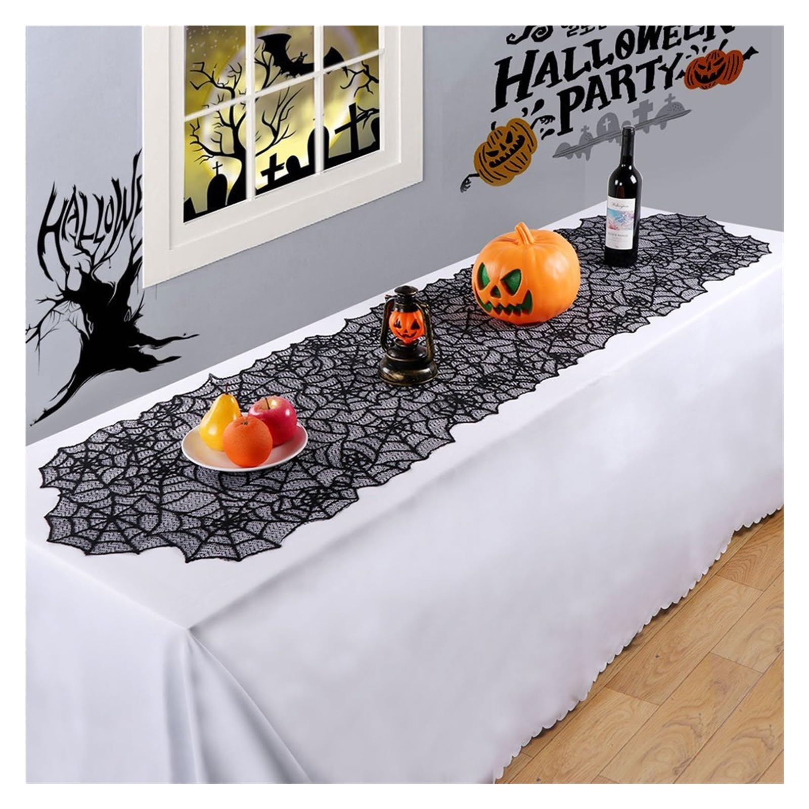 1 pezzo Decorazioni per la tavola di Halloween, Runner da tavola nero con ragnatele, Centrotavola e Tovaglia (45 cm di larghezza x 1,8 m di lunghezza