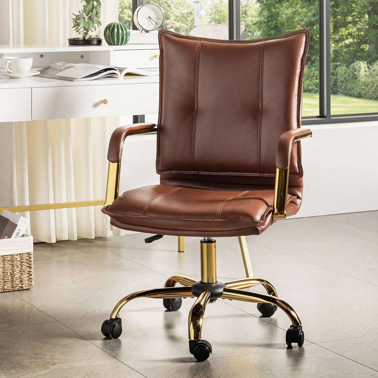 HULALA HOME Moderner Bürostuhl mit Armlehnen höhenverstellbarem Schreibtischstuhl Drehstuhl aus Kunstleder mit 5-Rad-Rolle stabile Metallbasis, Braun
