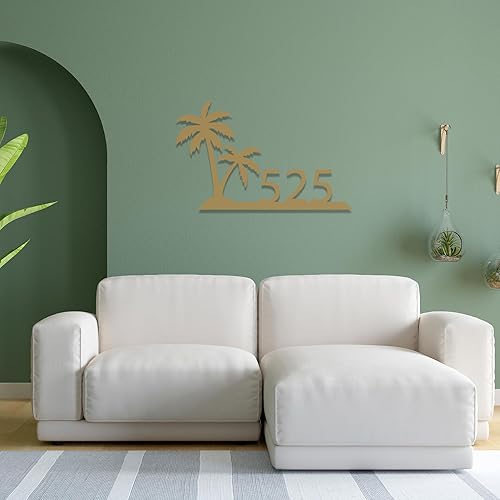 Miniatura 3 de Letrero de metal personalizado con número de casa, placa de dirección personalizada con diseño de palmera, letrero de pared decorativo de acero