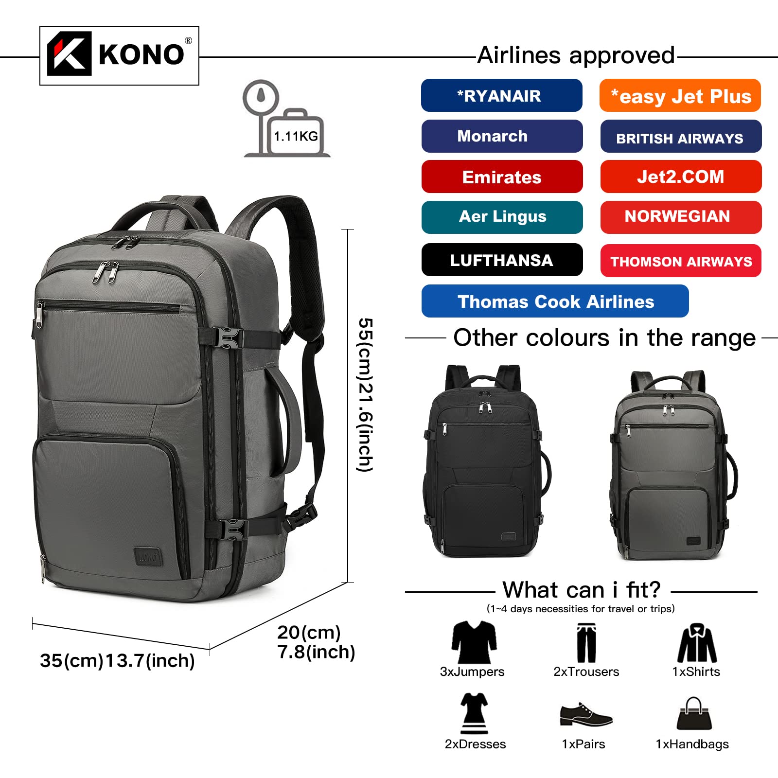 Kono Mochila Viaje Cabina Avion 55x35x20, Maleta Cabina, Mochila de Viaje con Correa Ajustable, Equipaje de Mano 38L para Hombres y Mujeres (Gris)