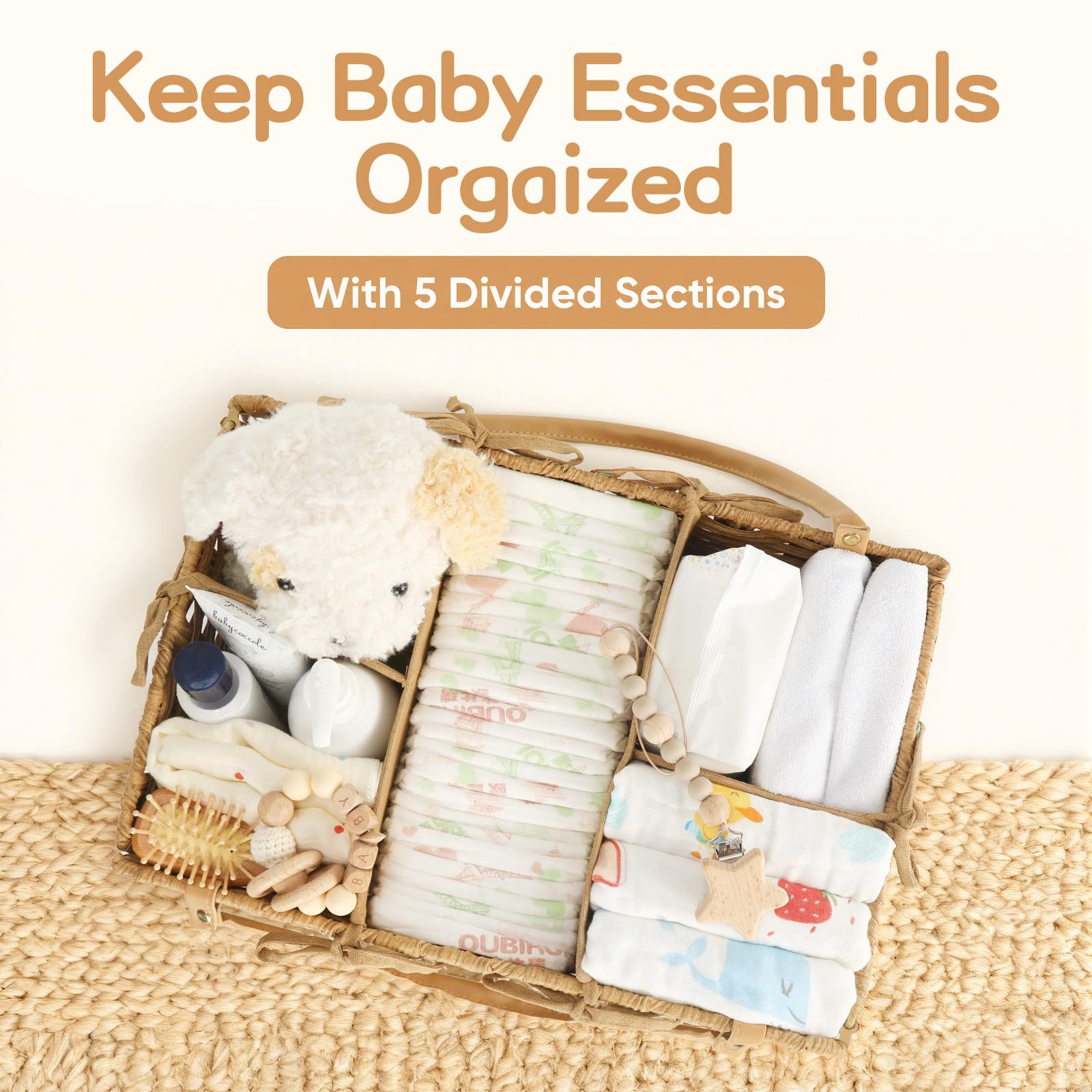 Organiseur de table à langer - Panier de rangement tressé en rotin synthétique - Organiseur de luxe tissé à la main pour fournitures de bébé - Cadeau de naissance indispensable (Naturel, XL)