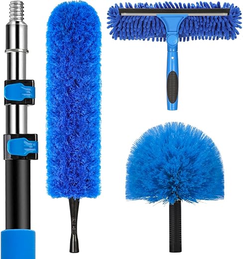 20 Feet High Reach Duster Kit with 5-12 Ft Extension Pole, Cobweb Duster with Telescoping Pole, Window Squeegee with Scrub...