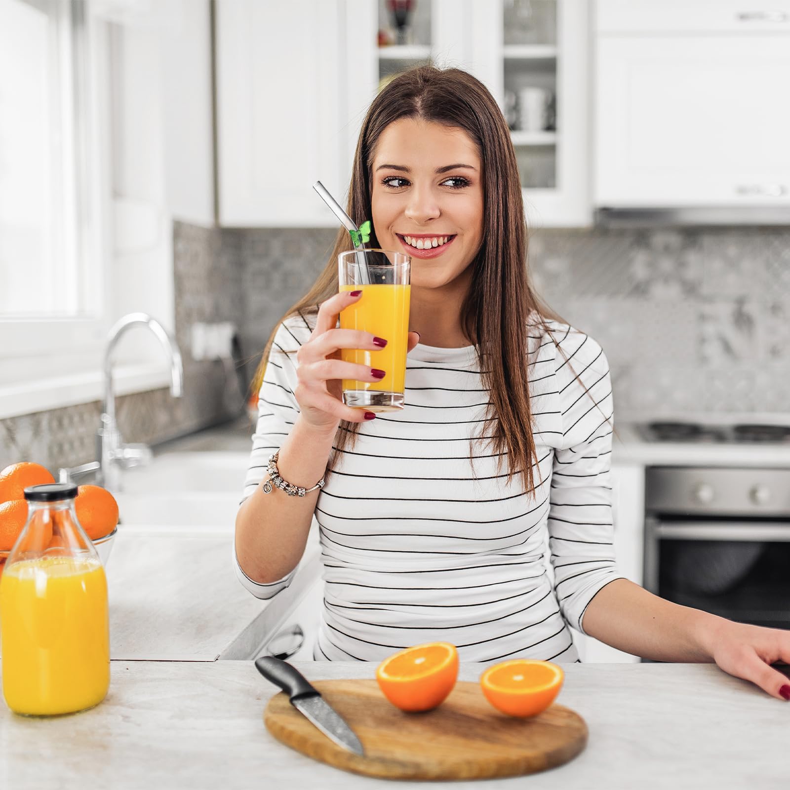 6 sztuk szklanych słomek do picia wielokrotnego użytku, zakrzywione szklane słomki do picia ze szczoteczkami do czyszczenia, do soków, koktajli, smoothie, kawy, mleka (motyl)