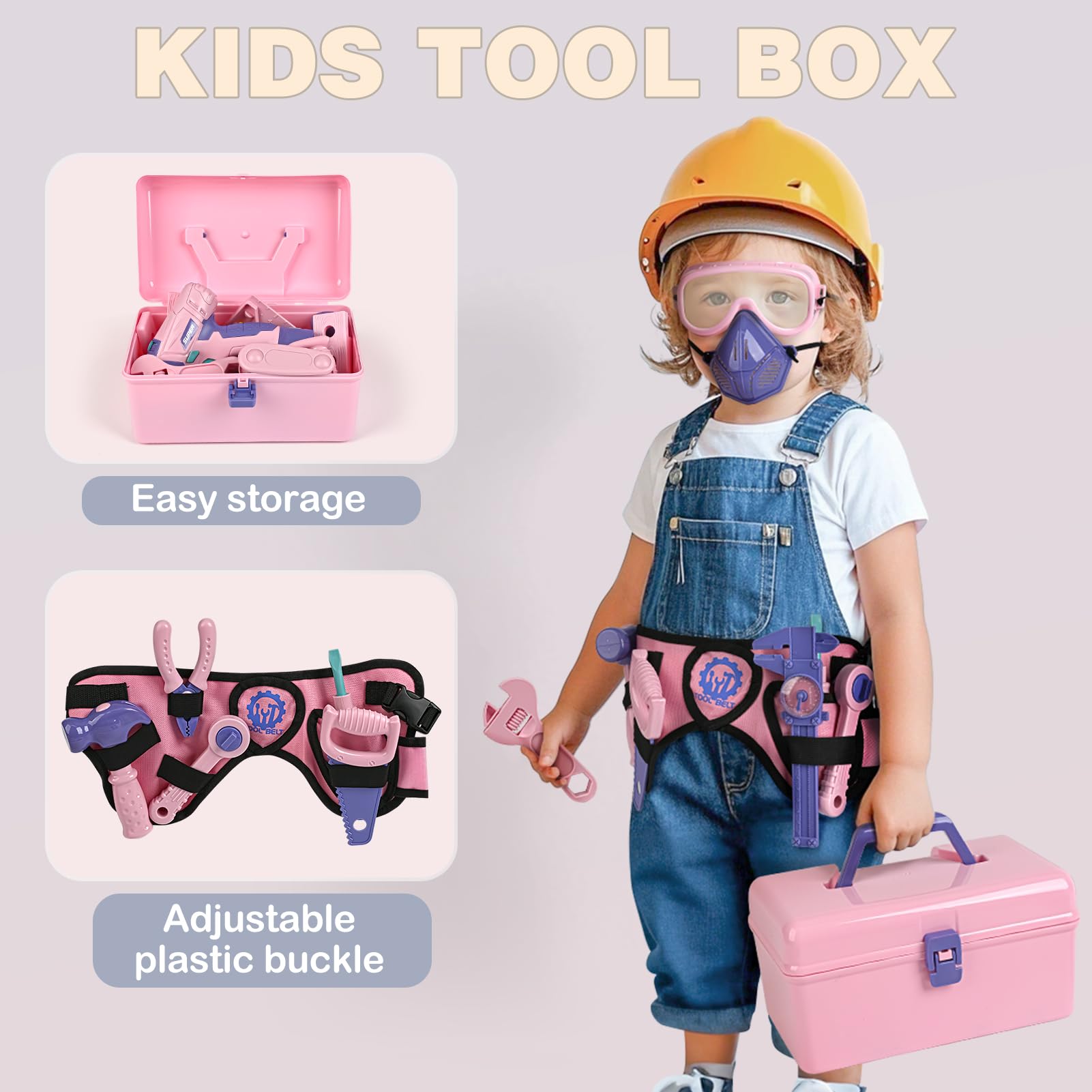 Vanplay Kids Tool Set 52Pcs Pretend Play Tools Kit with Electronic Toy Dril Belt Tool Box Toys for Boys Girls Ages 3 4 5 6 7 Years Old for Kids (Pink) - Image 3