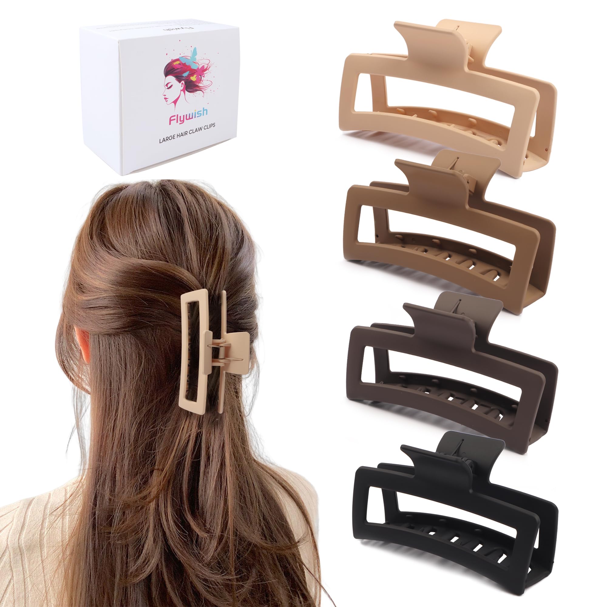 5 Inch Extra Large Hair Claw Clips for Thick Long Hair, Non-Slip Rectangle Big Strong Hold Jaw Clip, 4 Pack Xl Jumbo Claw Clips for Women, Neutral