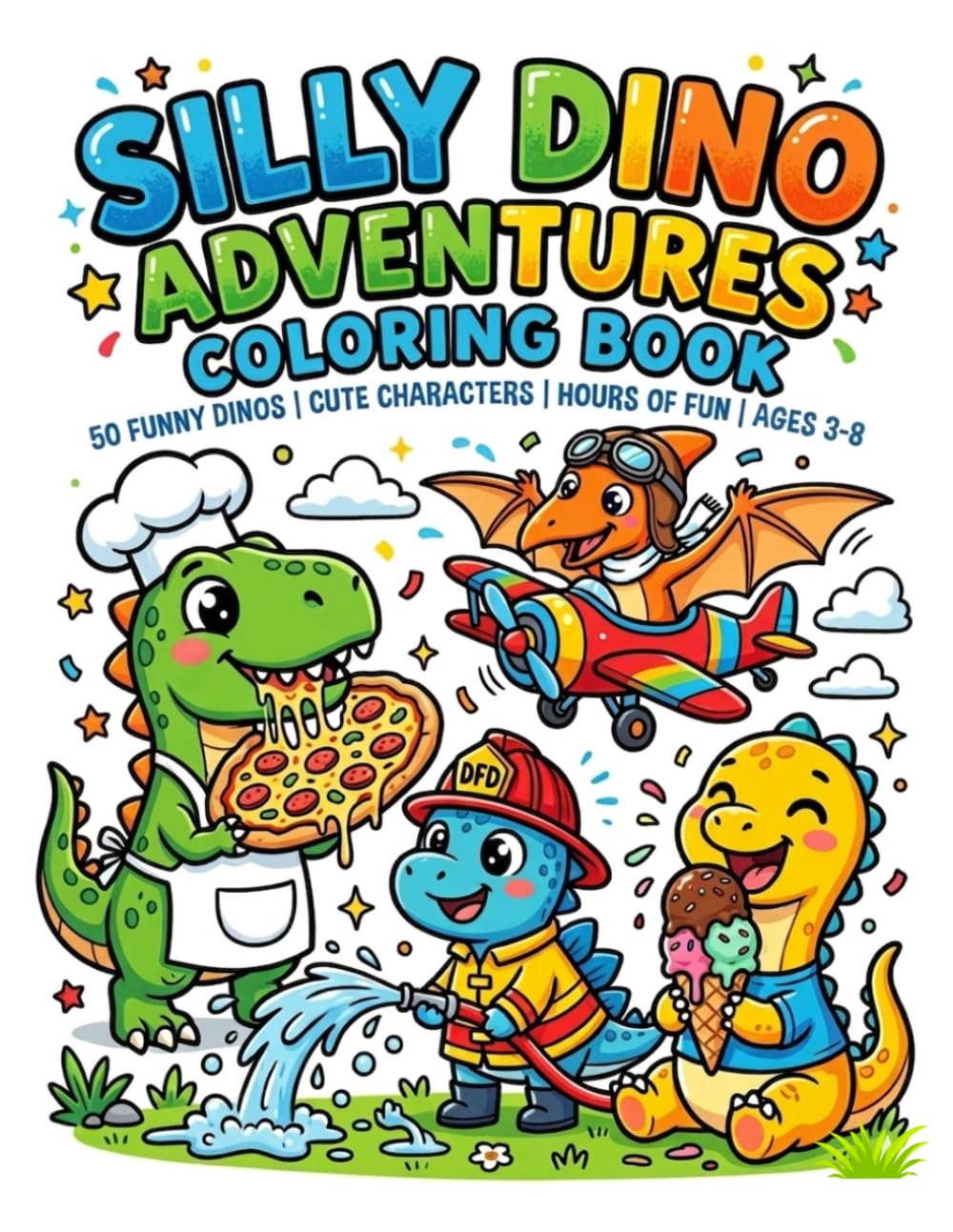 Silly Dino Adventures Coloring Book: 50 Funny dinos, Cute characters, Hours of fun, Ages 3-8
