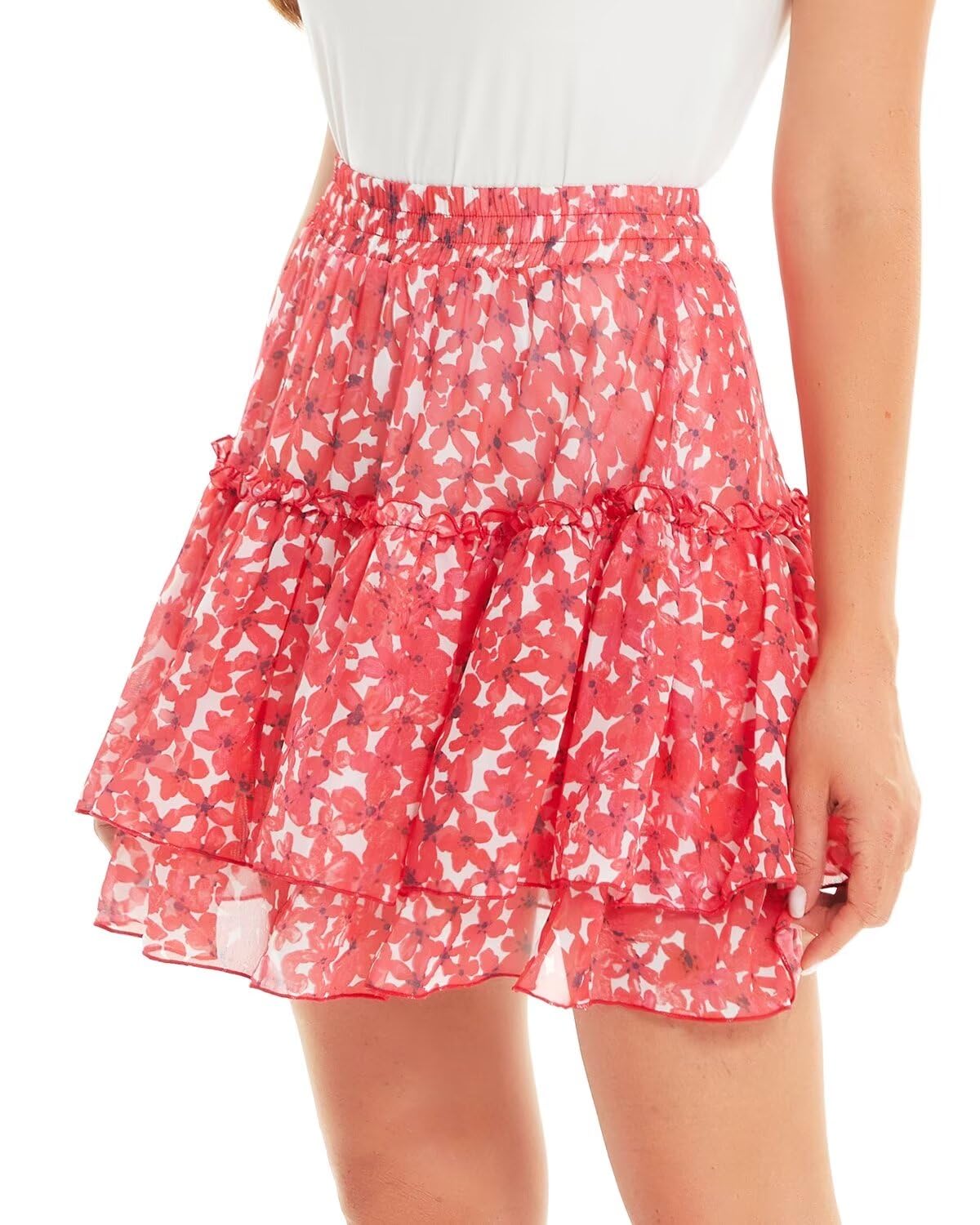 DIASHINY Women's Boho Printed High Waist Layered Ruffle A Line Swing Mini Skirt