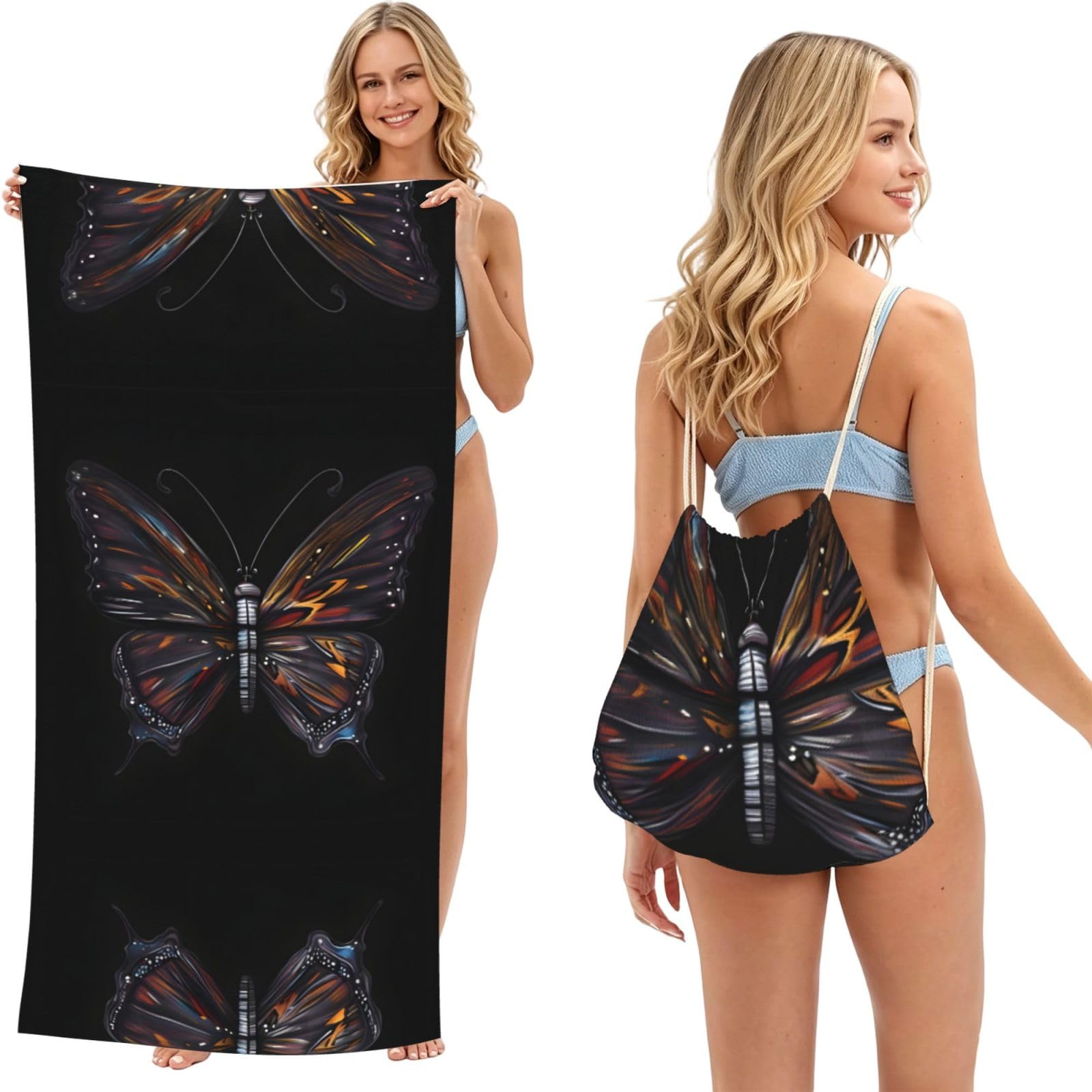 SXZVVBN Mystery Butterfly 2-in-1 Beach Towel Bag, Quick Dry Sand Free Travel Towel Backpack for Adults