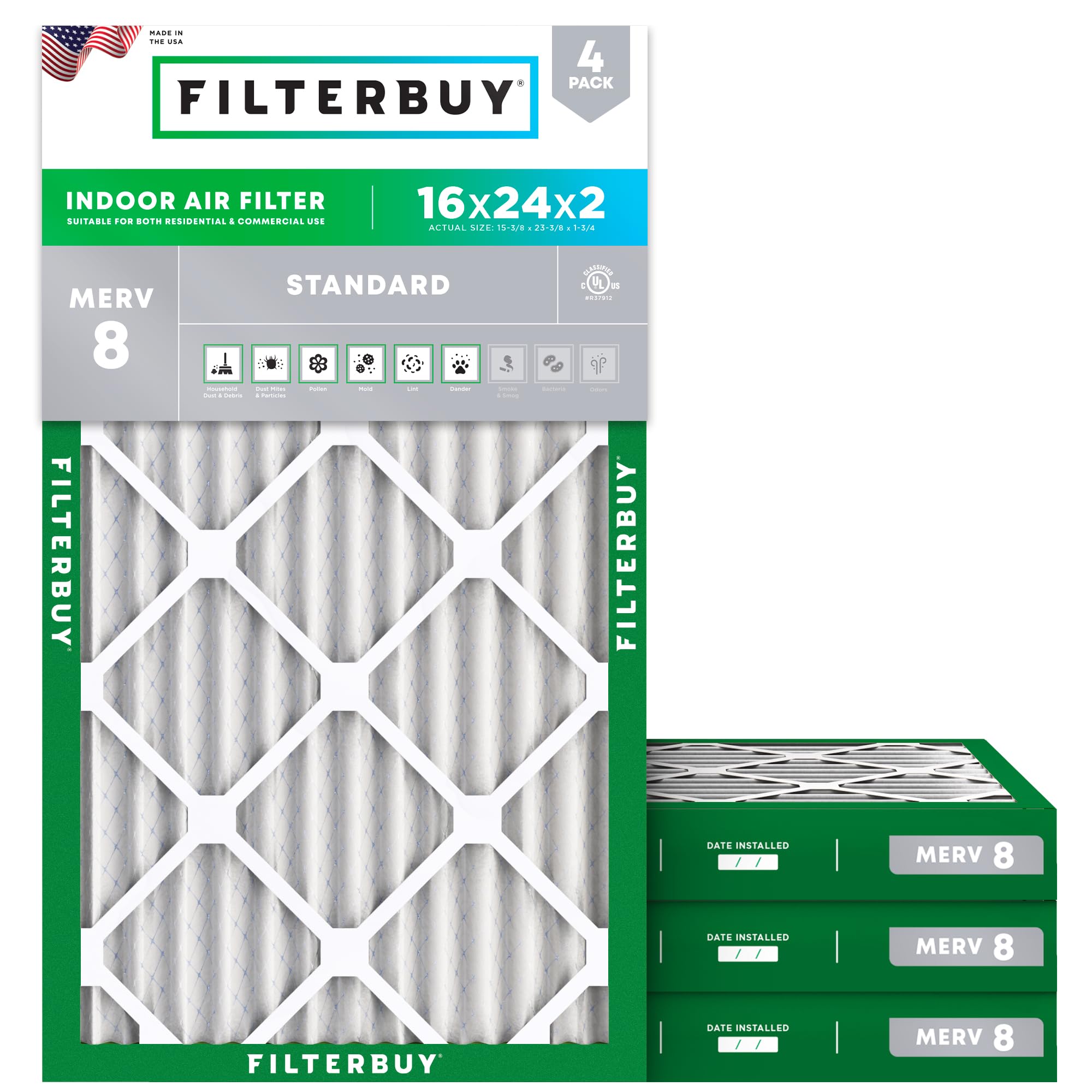 Filterbuy 16x24x2 Air Filter MERV 8 Essential Dust & Allergy Defense (4-Pack), Electrostatic Pleated HVAC AC Furnace Filters Replacement, Made in USA (Actual Size: 15.38 x 23.38 x 1.75)