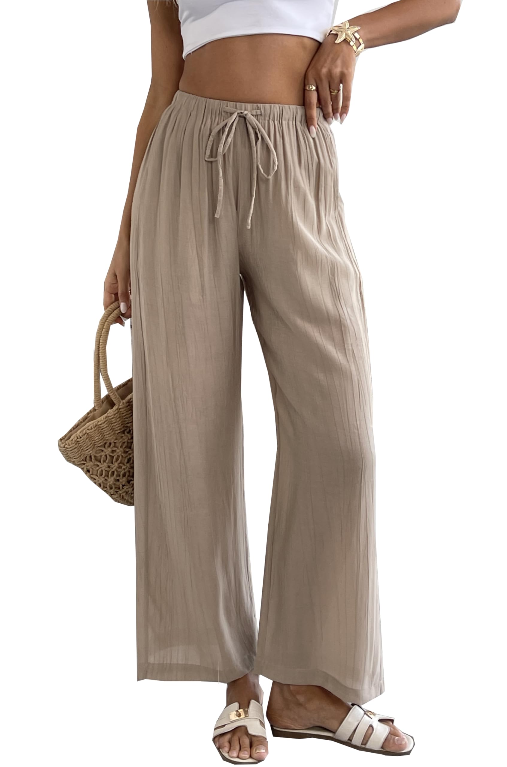 heipeiwa Womens Summer Palazzo Pants Lightweight Flowy Wide Leg Beach Trousers Casual Pants