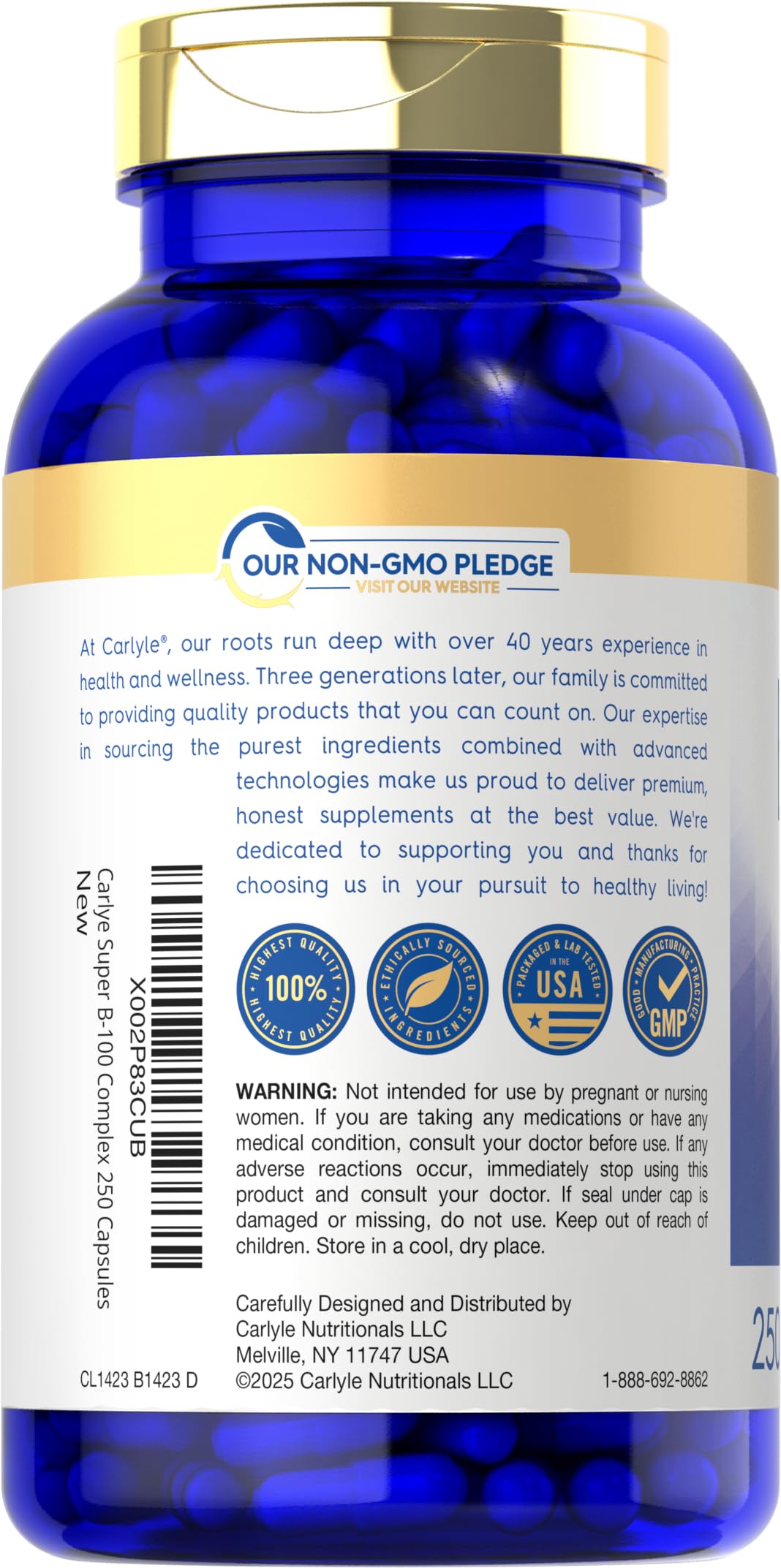Carlyle B-100 Complex | 250 Capsules | B1, B2, B3, B6, B12 & Biotin — Amazon image 3