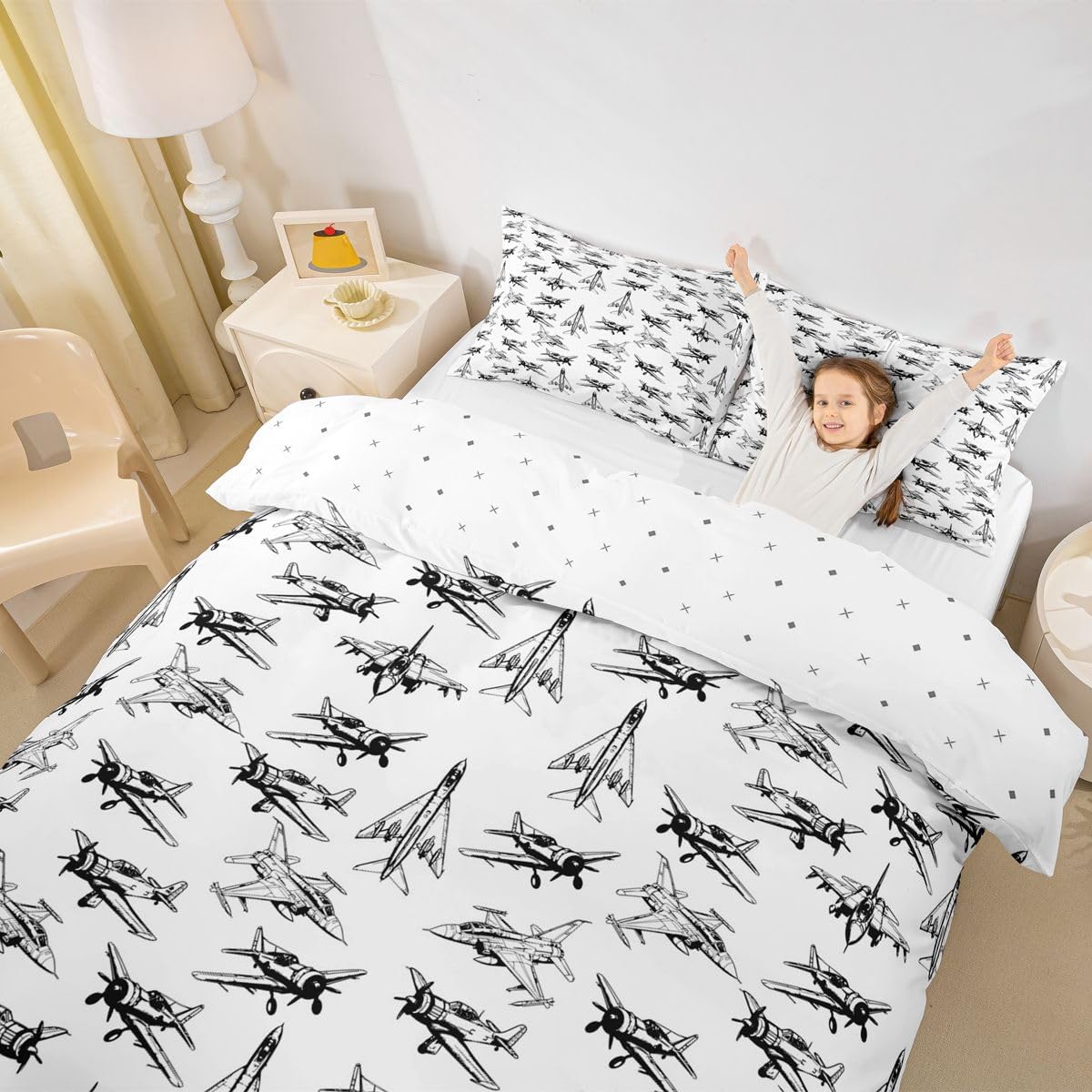 Feelyou Airplane Print Bedding Set Twin Size Kids Aircraft Comforter Cover Set for Boys Girls Teens Home Decor Duvet Cover Aircraft Flying Bedspread Cover