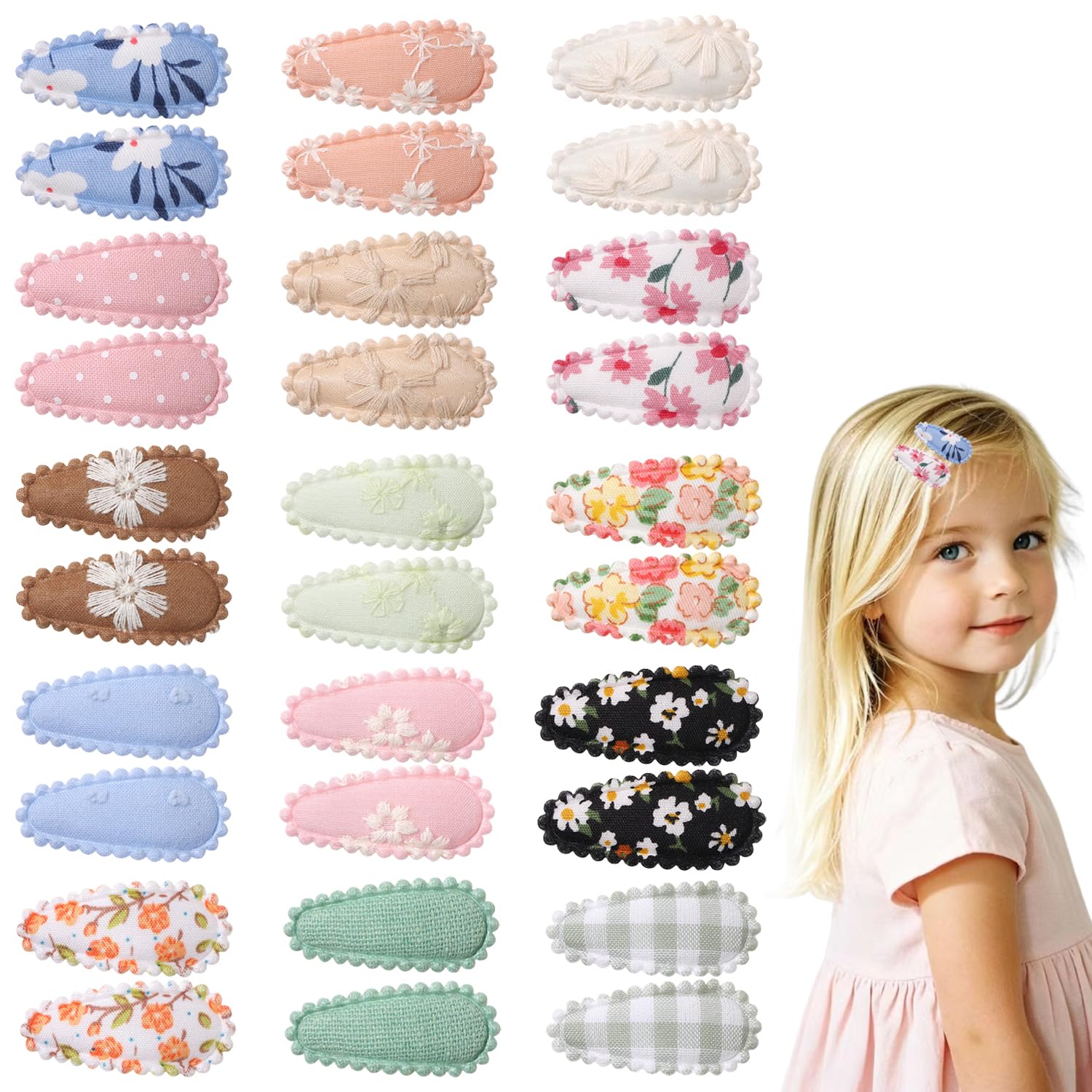 30 Pcs Toddler Hair Clips, Floral Print Wrapped Snap Hairpins, Non Slip Plaid Cloth Baby Hairclips, Baby Hair Accessories for Toddler Girls Kids (Set 1)
