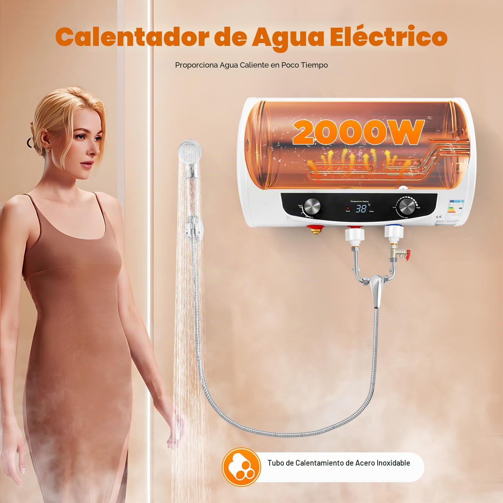 Calentador de agua eléctrico de 50L, calentador de agua, calentador de agua horizontal, baño, cocina, con alcachofa de ducha, manguera