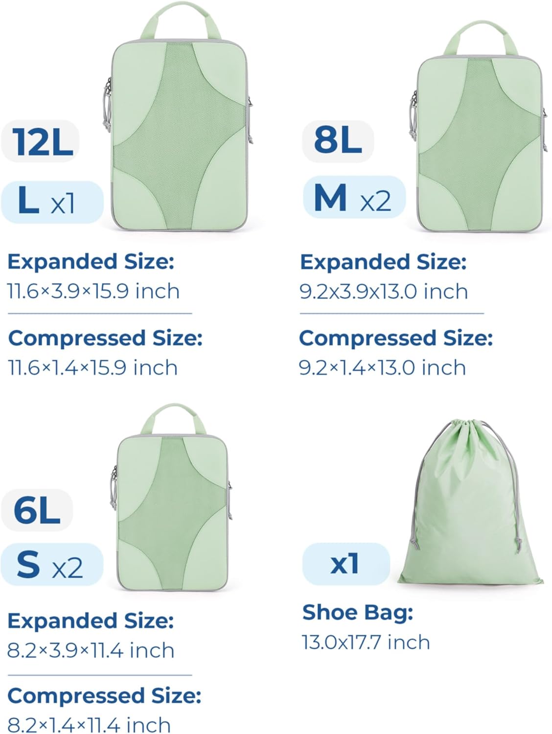 BAGSMART Compression Packing Cubes for Travel, Compressible Luggage Organizer for Cruise Ship, Lightweight Travel Essentials 6-Pack 1L+2M+2S+1Shoe Bag, Fruit Green - Image 2