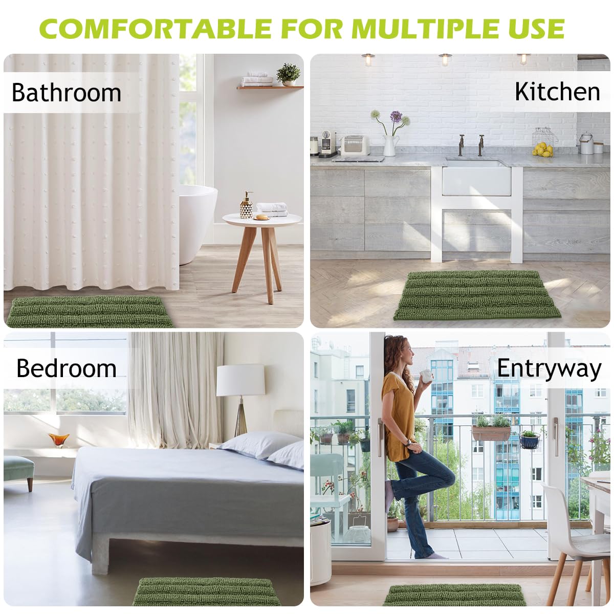 KGORGE Tapis de bain doux et antidérapant pour salle de bain - Confortable à poils longs - En chenille épaisse - Absorbant l'eau - Séchage rapide - Vert sauge - 152,4 x 61 cm