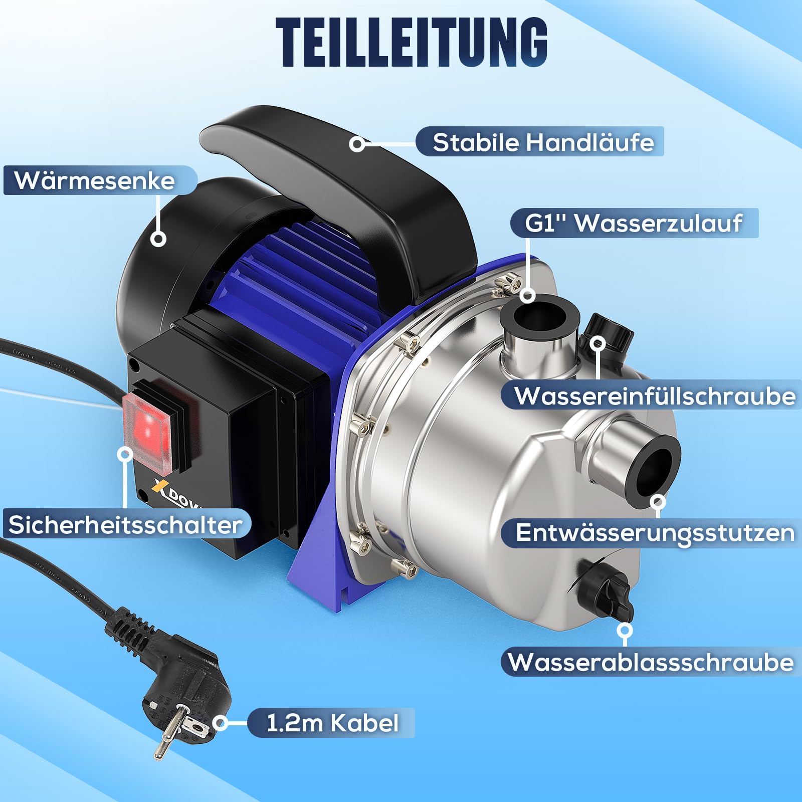 XDOVET Gartenpumpe 600W – Edelstahl-Tiefbrunnenpumpe mit Überhitzungsschutz – 4000 L/H – max. Förderhöhe 35m –Gartenpumpe für Rasen, Garten, Bauernhof