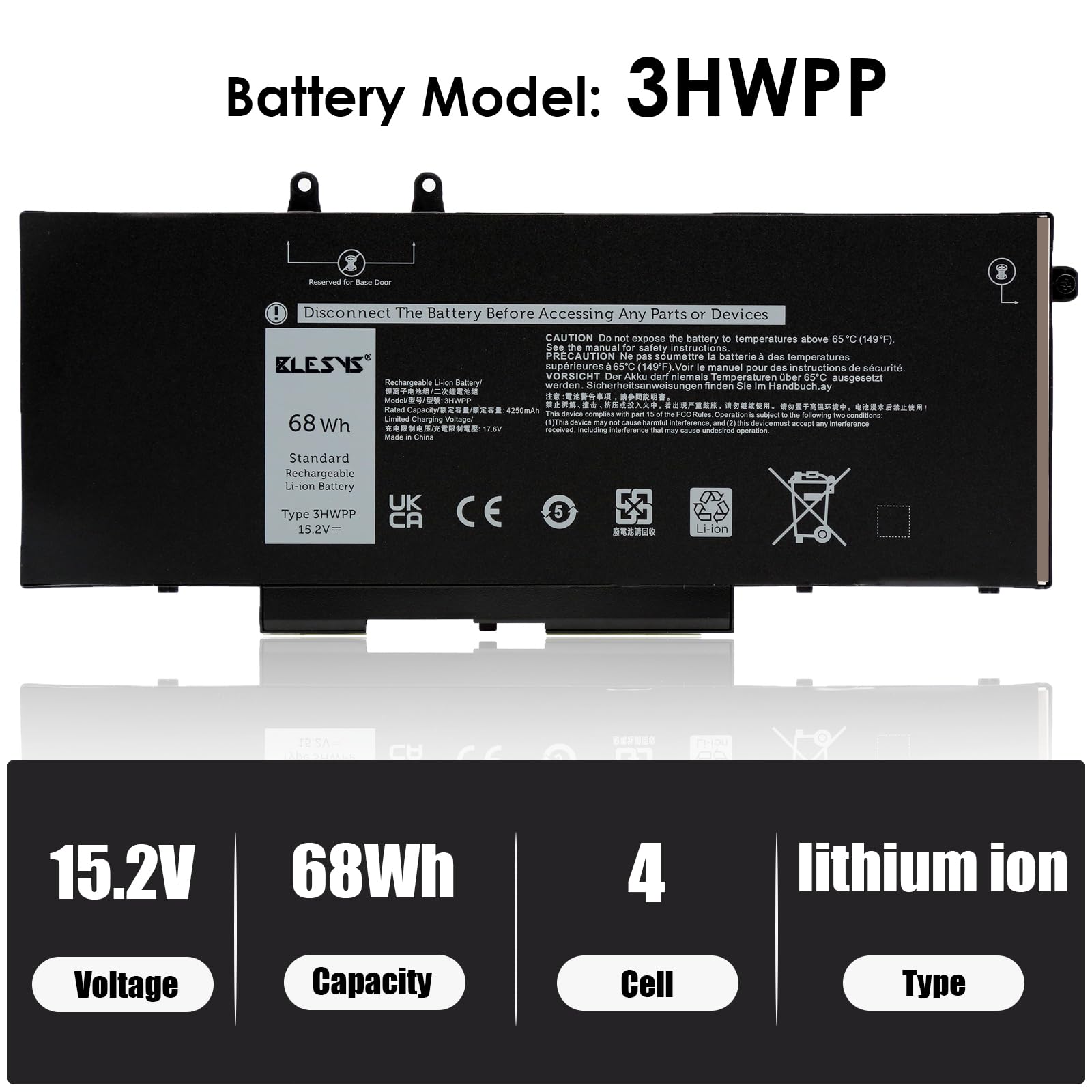Batterie Dell Precision 3551 3541 3550 / Latitude 5401 5411 5511 - 68Wh, 15.2V, 4 Cellules