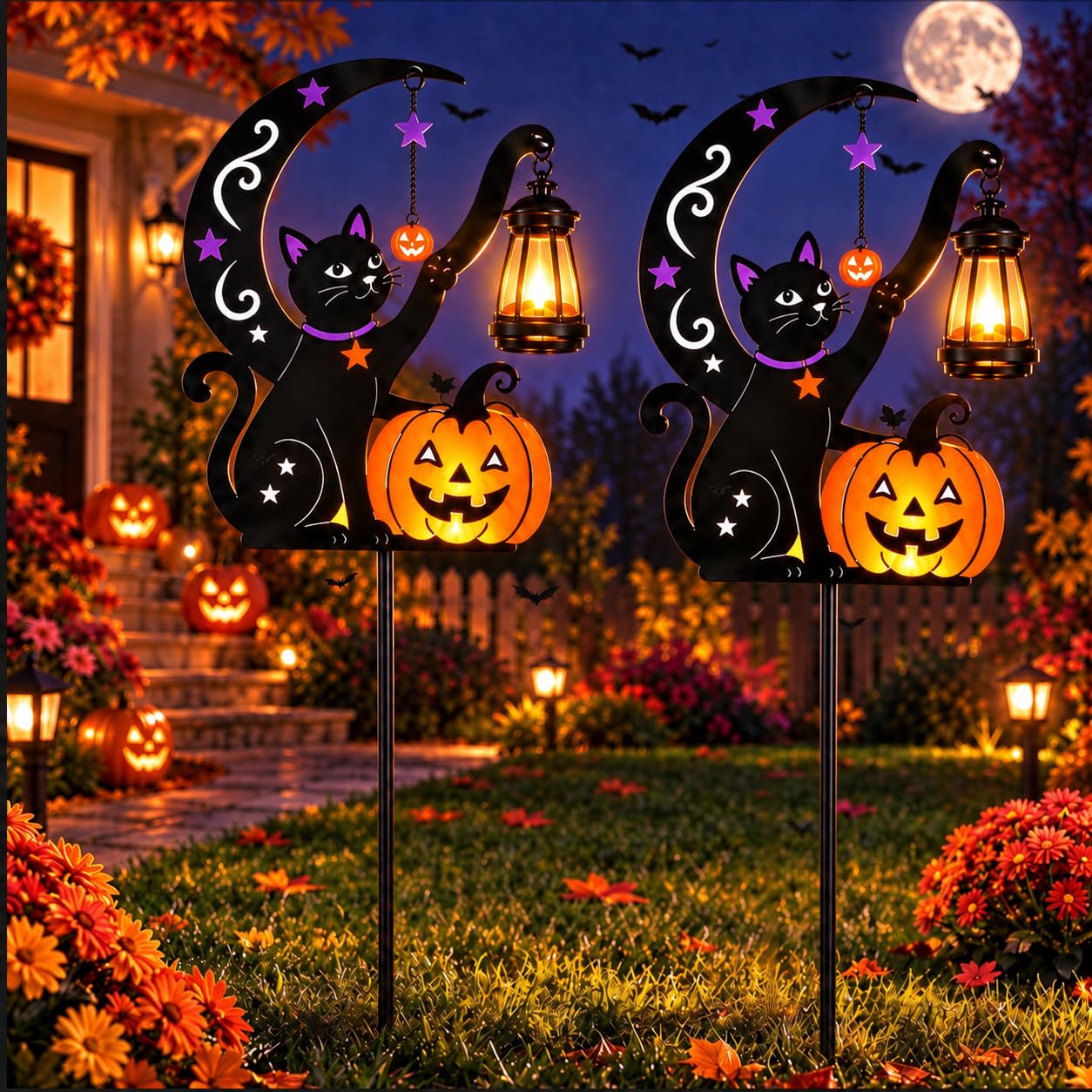 2 Pack Solar Halloween Lights Outdoor Decorations, Black Cat &amp; Pumpkin Moon