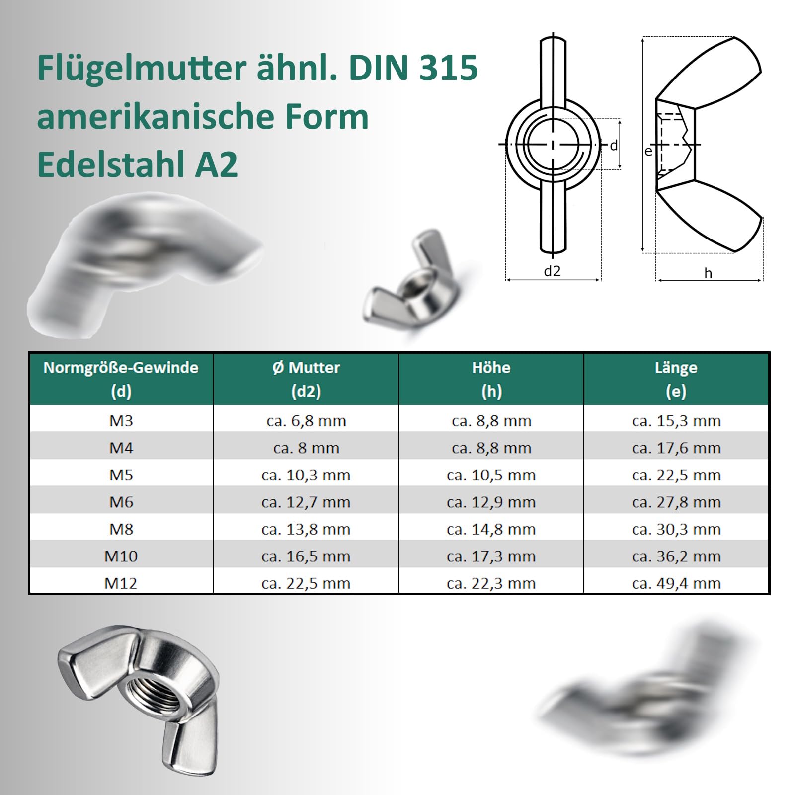 DSM – Flügelmuttern M6 ähnl. DIN 315 – amerikanische Form – Edelstahl A2 – Wing Nut, Schmetterlingsmutter – rostfreie Flügelmutter zur universellen Nutzung – 100 Stück