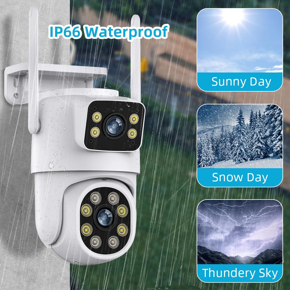 Telecamera Wi-Fi Esterno con Doppia Lente, 6 MP Telecamera Esterna IP PTZ Videocamera Sorveglianza 360° Telecamera di Sicurezza + 64 G Scheda SD Audio Bidirezionale Visione Notturna Tracciamento Auto