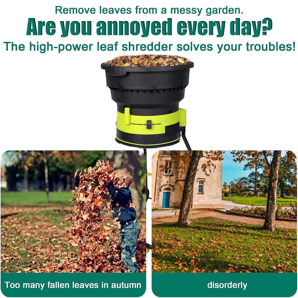 Trituradora de jardín portátil de 2500 W, trituradora de hojas eléctrica con bolsa de recogida de 50 L y ruedas, diámetro de corte de 54 mm, para desechos de setos y arbustos