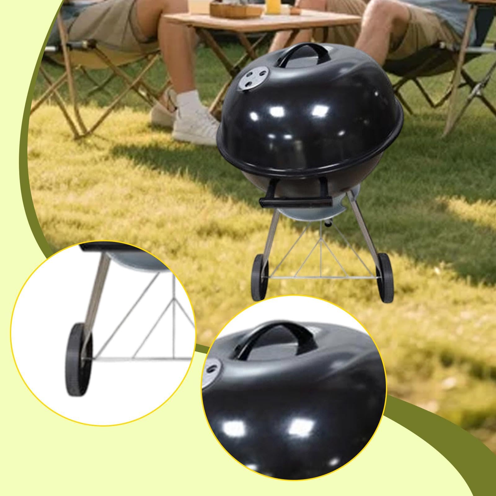 Barbecue a Carbone Rotondo con Ruote E Coperchio per Cucinare All'aperto, Nero