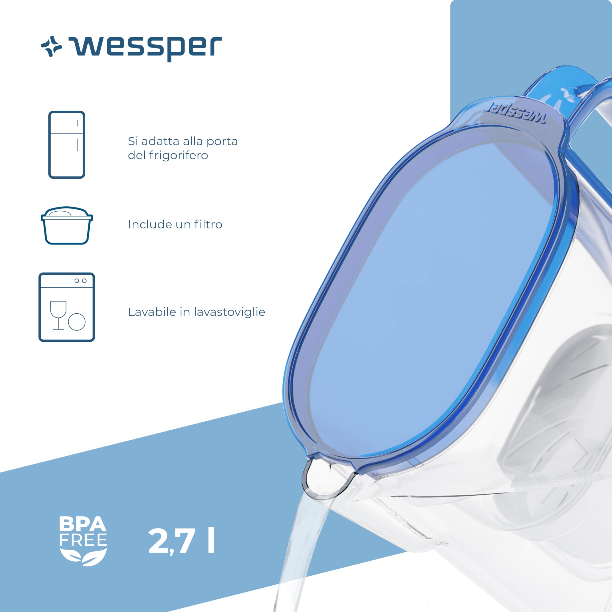 Wessper Caraffa Filtrante con Filtri, Caraffa per Frigorifero da 2,7 Litri, Cartucce per Acqua con Carbone Attivo e Rresina a Scambio Ionico, Caraffe e set di 6 Filtro - Blu
