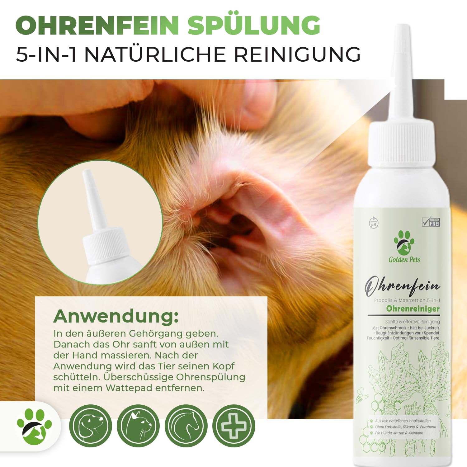 Golden Pets TESTURTEIL SEHR GUT Ohrenreiniger für Hunde & Katzen **VERGLEICHSSIEGER** 100% natürliche Ohrenspülung gegen Juckreiz, Entzündung & Ohrenschmalz I Ohrenpflege, 250ml