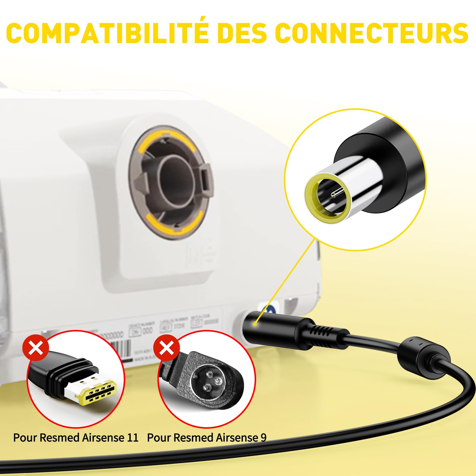 90W 12V-24V DC Chargeur de Voiture Compatible avec Resmed AirSense 10 CPAP Elite AutoSet, AirCurve S10 10 370001, AirStart 10 CPAP BiPAP Machines, 90W AC Adaptateur Alimentation pour Resmed