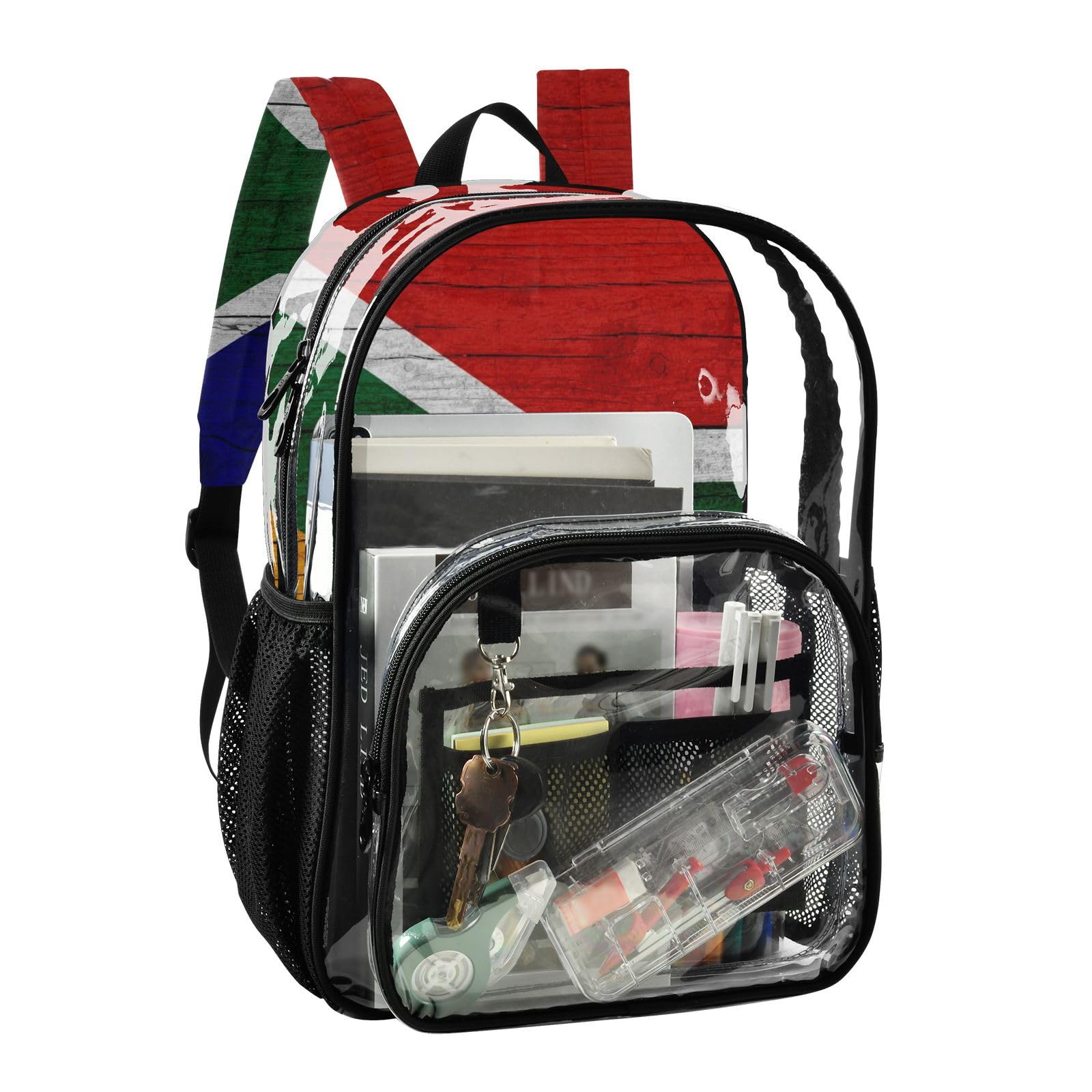 Aflyko Patriot PVC Backpack South African Flag Wooden Transparent Bag Stadium Approved Daypack for Live House Concert Sport Game Festival Event Traveling