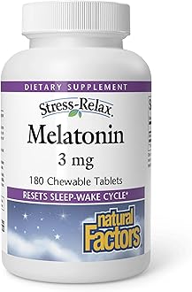 Stress-Relax Melatonin 3 mg by Natural Factors, Natural Sleep Aid, Resets the Sleep-Wake Cycle, 180 chewable tablets (180 servings), Peppermint Flavor