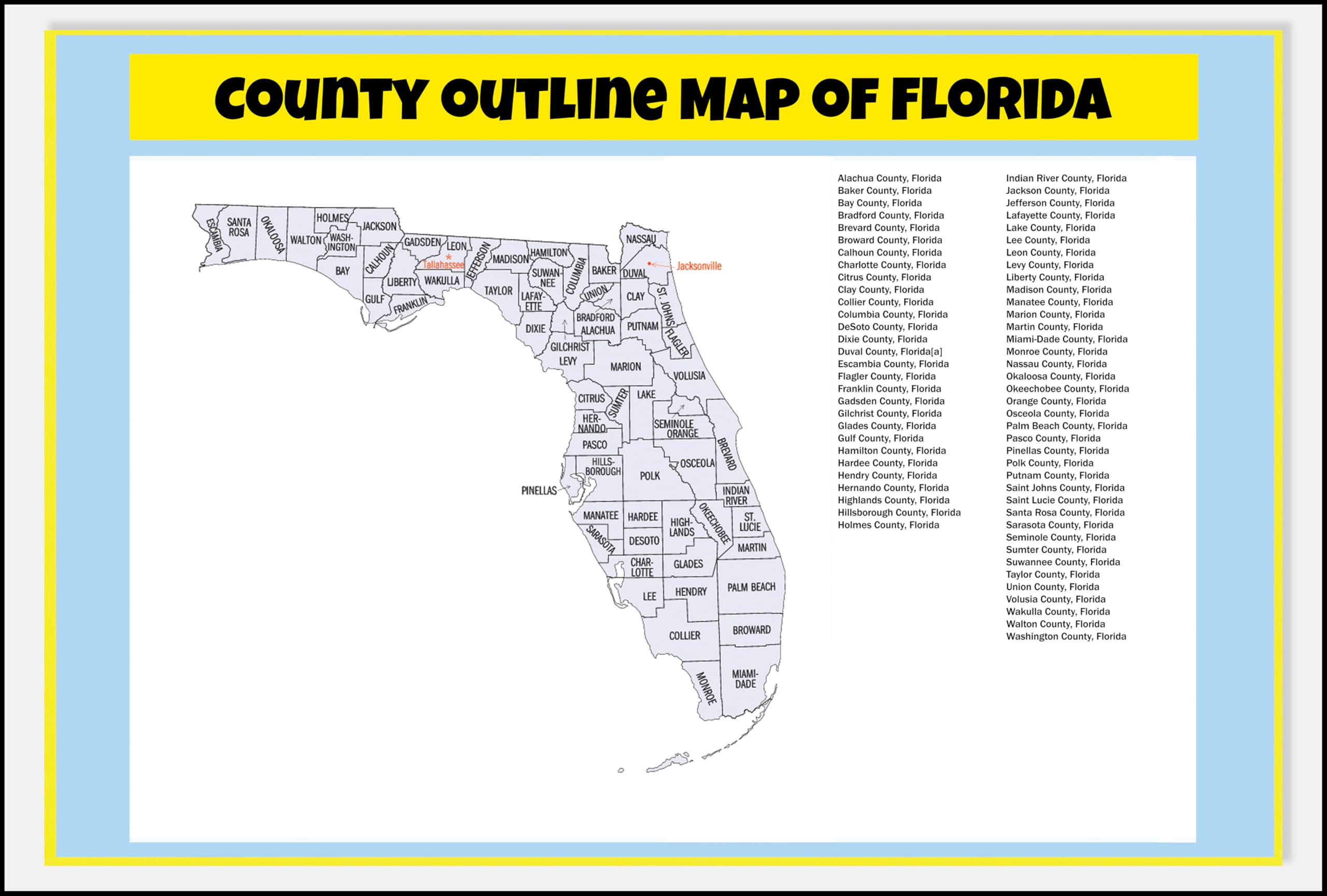 County outline Map of Florida with counties 24x36 - Laminated Wall Map Poster Print Perfect for Classrooms and Homes - Vivid Imagery with Bright Colors