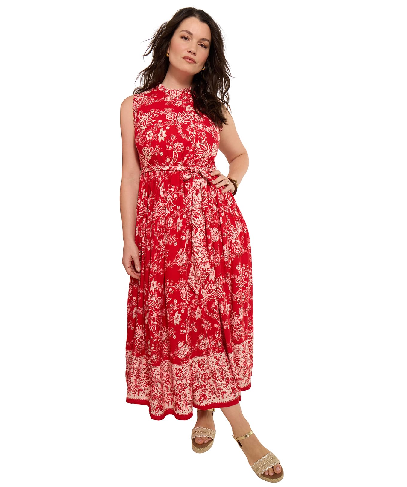 Joe Browns Women's Floral Maxi Dress with Ruffle Collar and Border Print, Regular, Red, UK 12