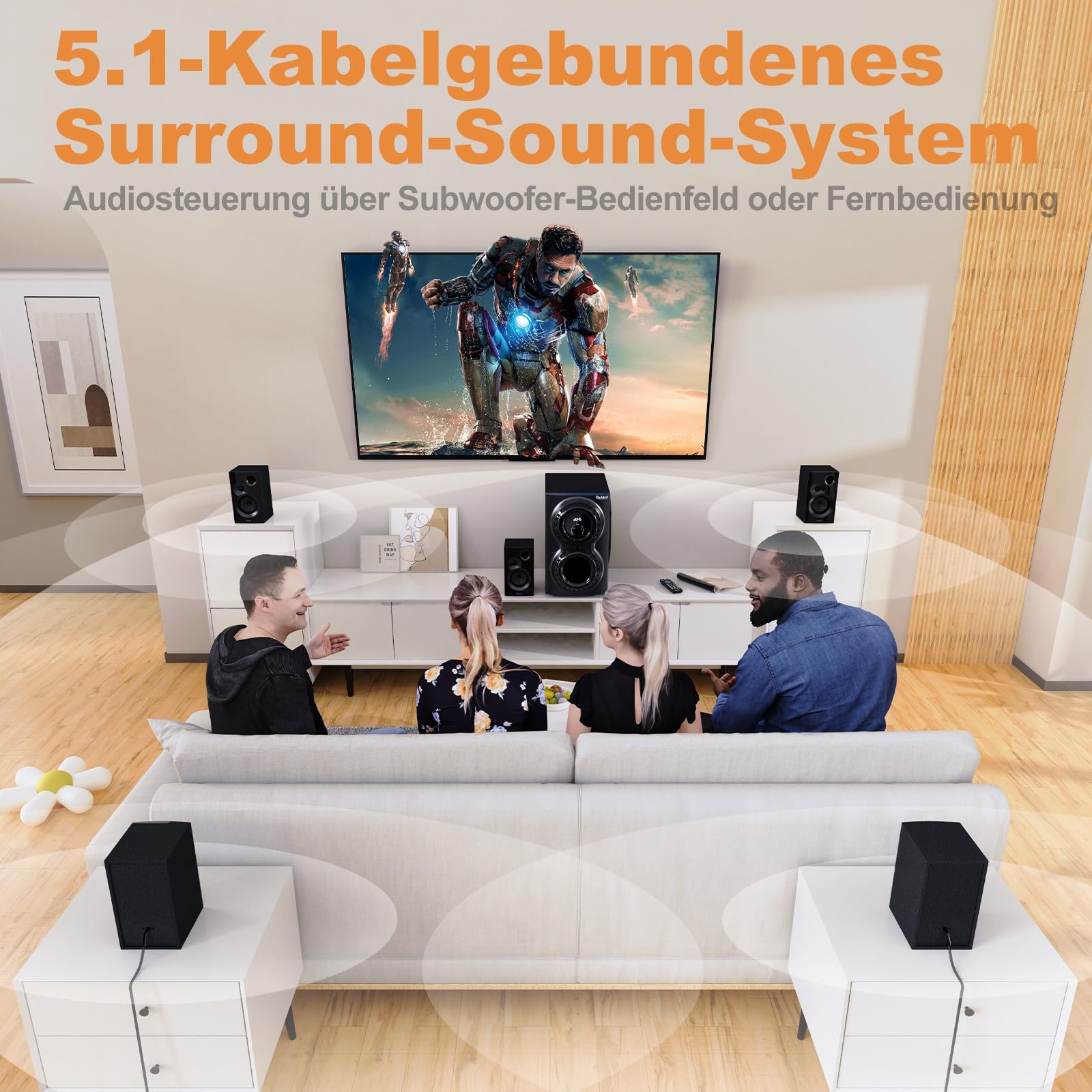 Bobtot 5.1 Soundsystem Heimkinoanlage für TV, 1400W Spitzenleistung | 12-Zoll-Subwoofer mit kräftigem Bass, Surround Sound System mit Bluetooth 5.3, ARC/Optisch/AUX/USB/SD