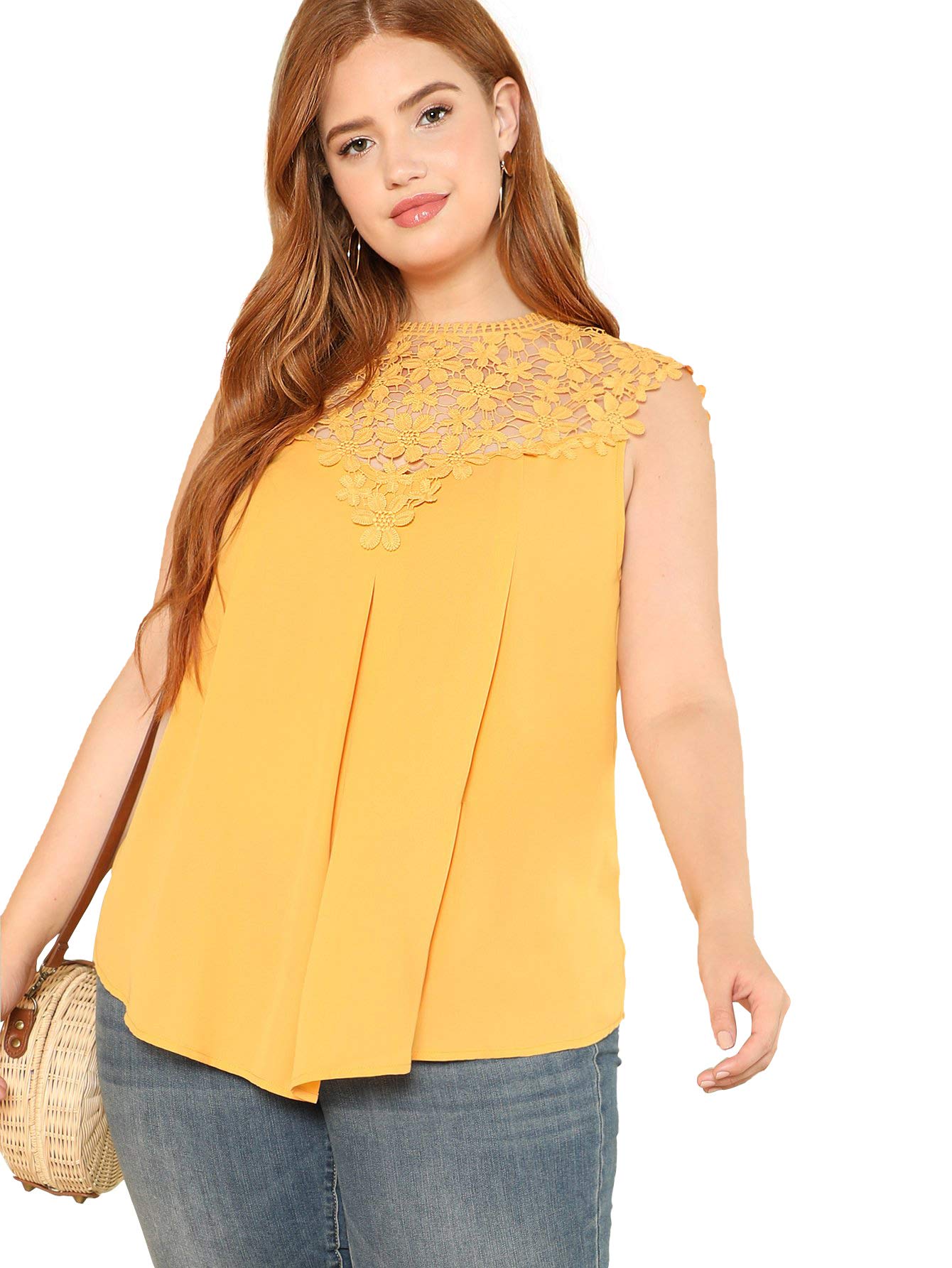 FloernsWomen's Lace Neckline Sleeveless Chiffon Blouse Top