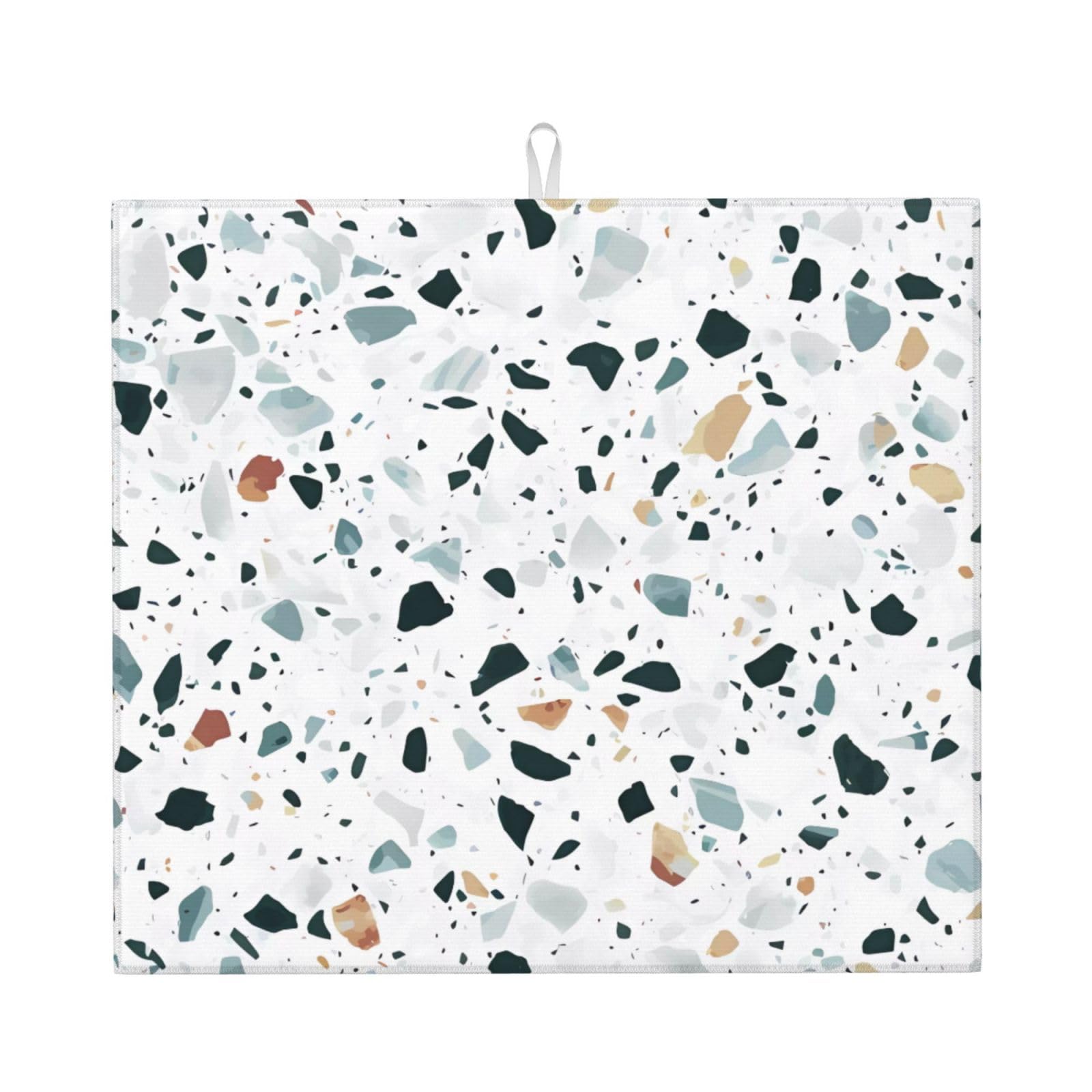 HJFCZH Terrazzo Marble Pastel Prints Kitchen Drying Mat – Absorbent Microfiber Throw for Dishes, Non-Slip Counter Cover, Quick-Drying Layer with Fade-Resistant Print