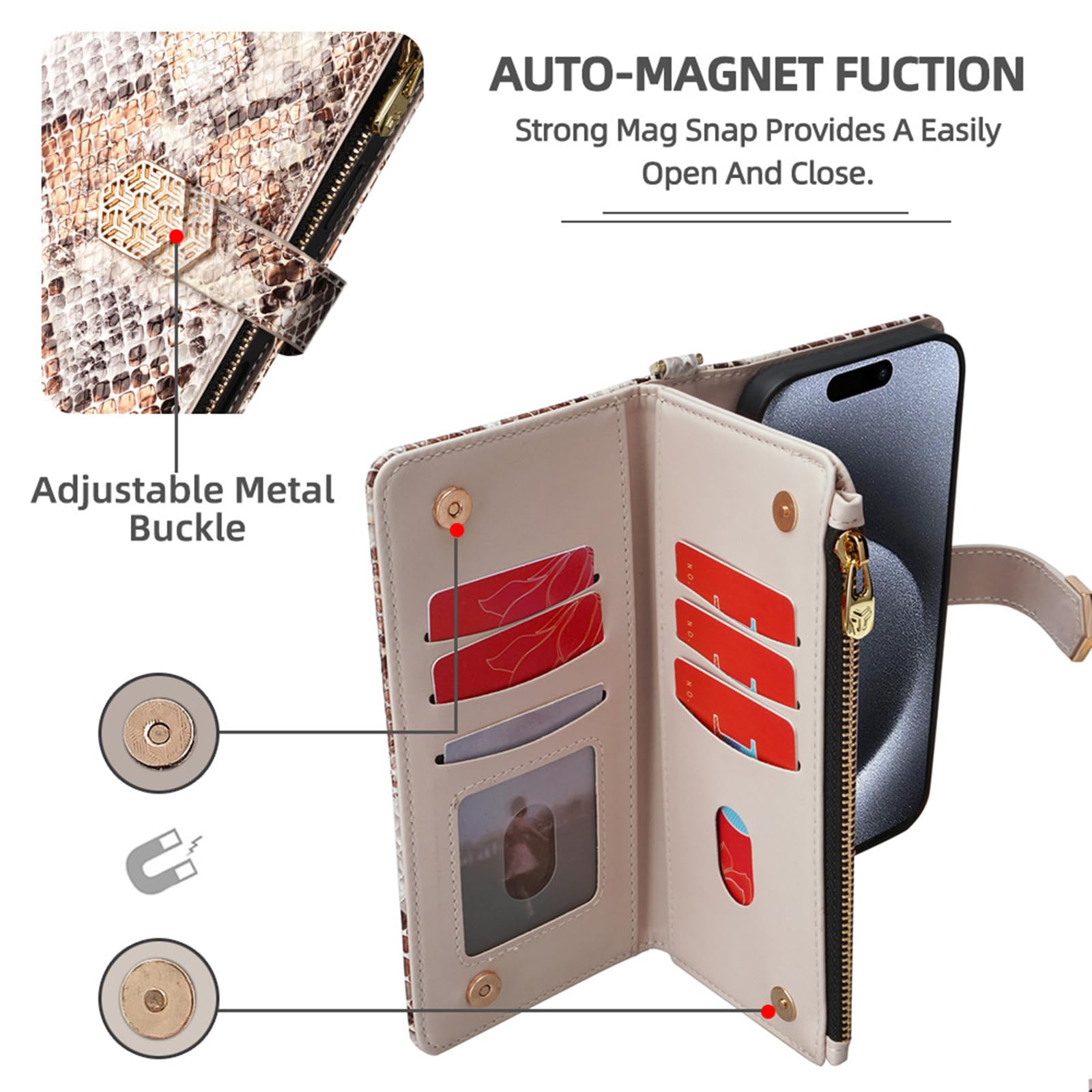 Portmonetka etui do iPhone 16 Pro Max / 16 Pro / 16 Plus/16, luksusowe, modne wzornictwo w wężu, skórzane, z klapką, z dużą przegródką na karty, etui na telefon komórkowy, białe, 16