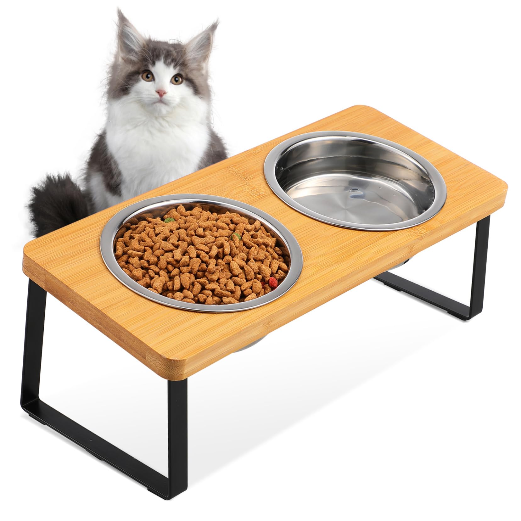 ERINGOGO Edelstahl Erhöhte Katzennäpfe Rutschfester Sockel Doppelnäpfe mit Ständer Ergonomische Höhe für Katze und Kleinen Hund für Innen