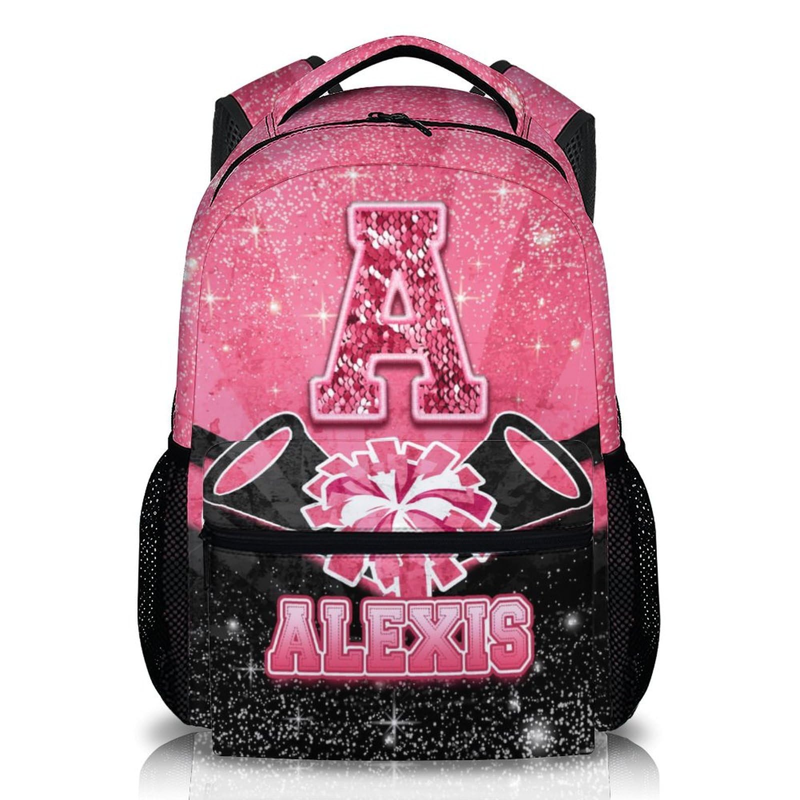 Girls Backpack for Kids - Personalized Cheerleader Backpack for Kindergarten Preschool Primary - 17 Inch Lightweight Black & Pink Glitter Custom